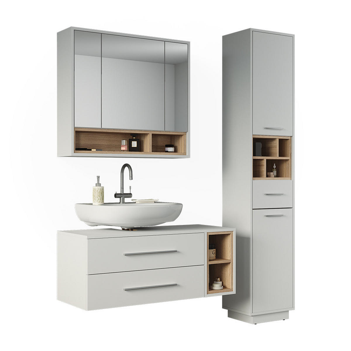 BADMÖBEL-SET Beatrice, Weiß/Sonoma, 3-teilig - Weiß/Sonoma Eiche, Holzwerkstoff (100/40/40cm) - Vicco
