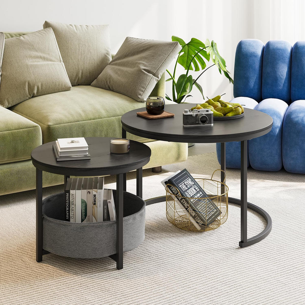 COUCHTISCH-SET DE-37291 2er-Set rund mit Aufbewahrungstasche Schwarz - Schwarz, Metall (70/70/49cm) - ComfortXL