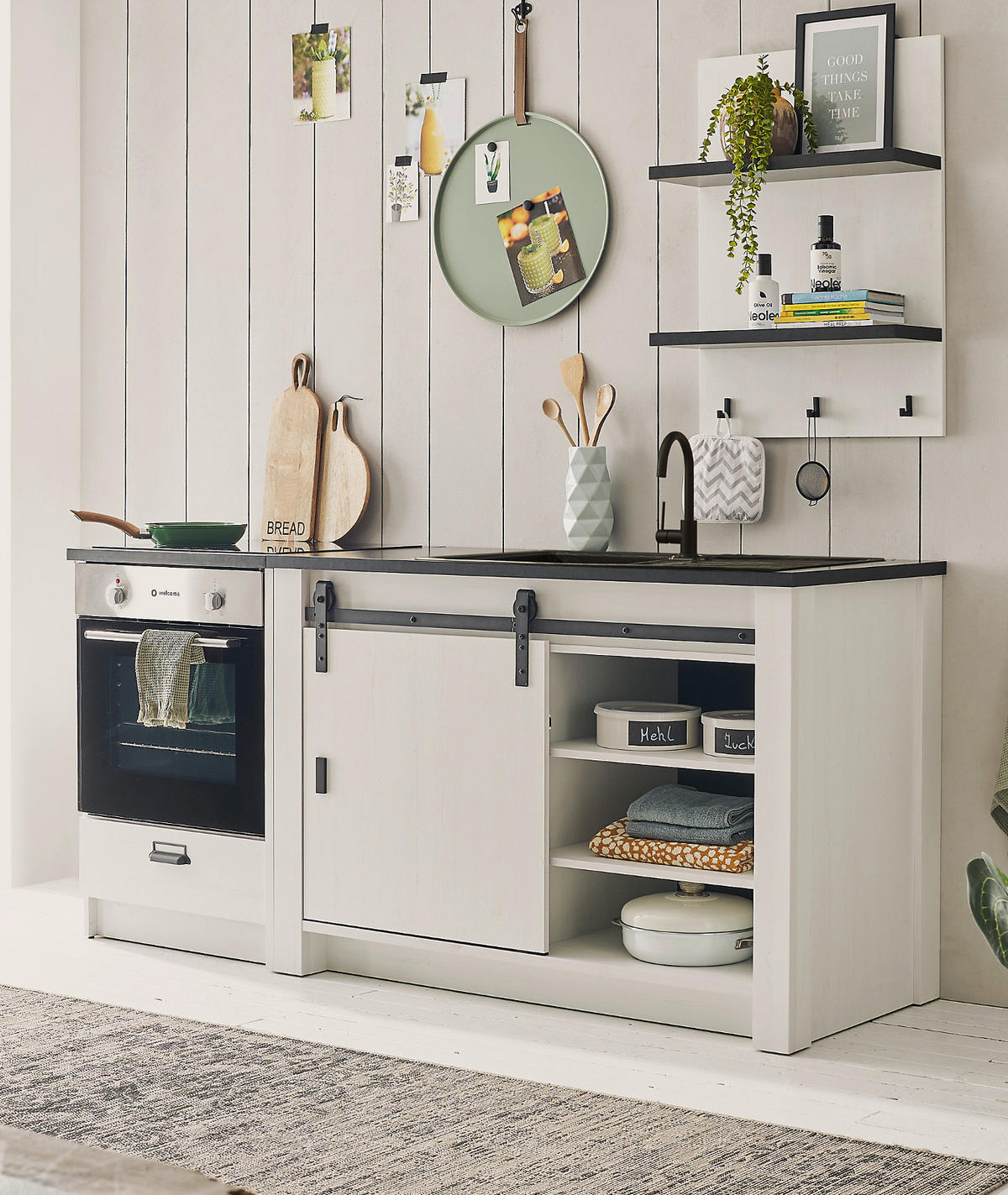 KÜCHEN-SET weiß Pinie, anthrazit 3-teilig 196 cm, Küchenschrank Set im Landhaus-Stil - Anthrazit/Schwarz, Holzwerkstoff/Metall (196/180/64cm) - Furn.Design