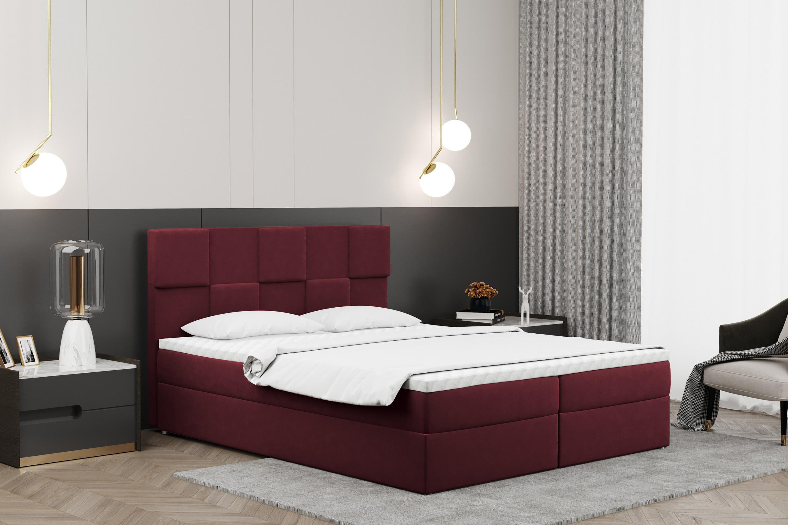 BOXBETT mit Bettkasten und Matratze CLARA Stoff Velvet Rotwein 180x200 cm H2-Pocket - Rot, Holz (180/200cm) - Kaiser Möbel
