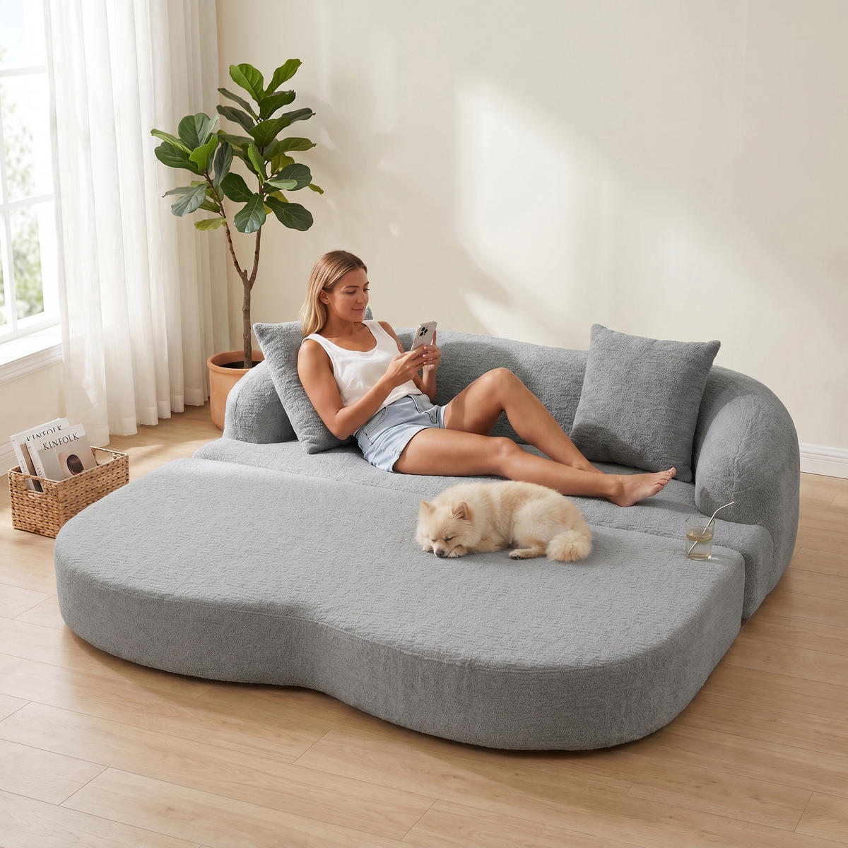 SCHLAFSOFA, 2 Sitzer aus Chenille, Klappsofa Bodensofa mit Schlaffunktion, Hellgrau - Hellgrau, Textil (157/44/153cm) - LVHOM