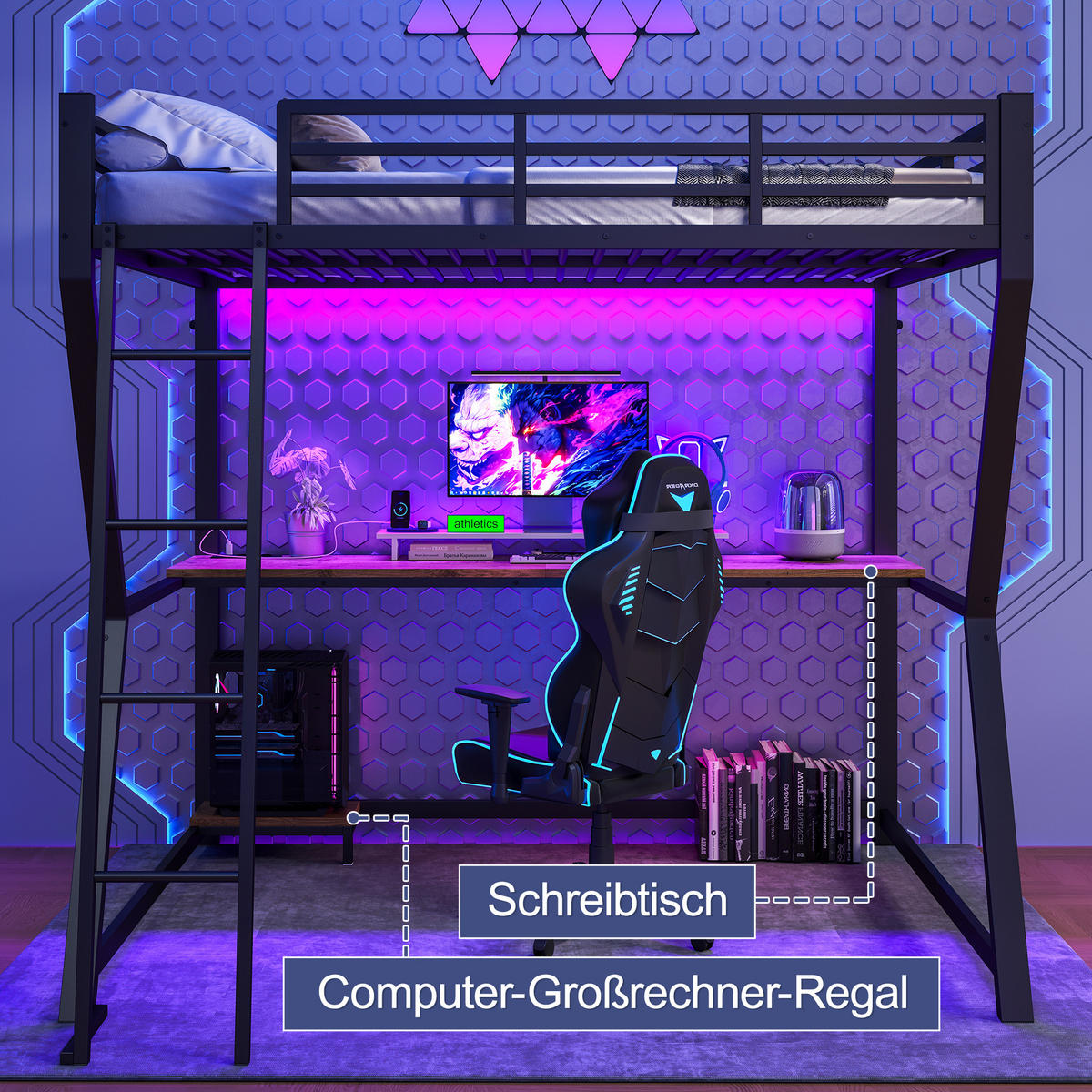 HOCHBETT 140/200 cm aus Metall mit Schreibtisch, LED-Beleuchtung und USB - Schwarz, Metall (140/200cm) - Flora Grace