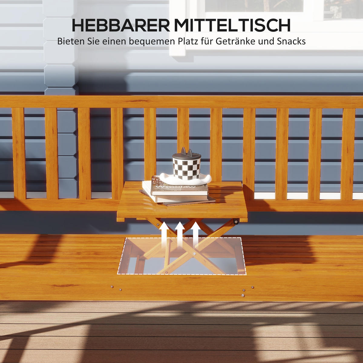 GARTENBANK, 3-Sitzer, mit Tisch, mit Armlehne, für Balkon, Terrasse, Holz, Hellbraun - Braun, Holz (56/91/153cm) - Outsunny