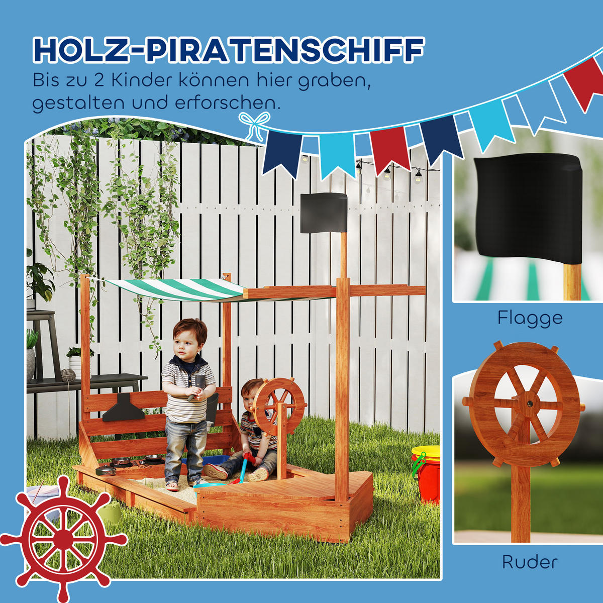 SANDKASTEN Sandkiste groß mit Abdeckung im Schiff Design Matschekiste aus Holz - Orange, Holz (180/103/144.5cm) - Outsunny