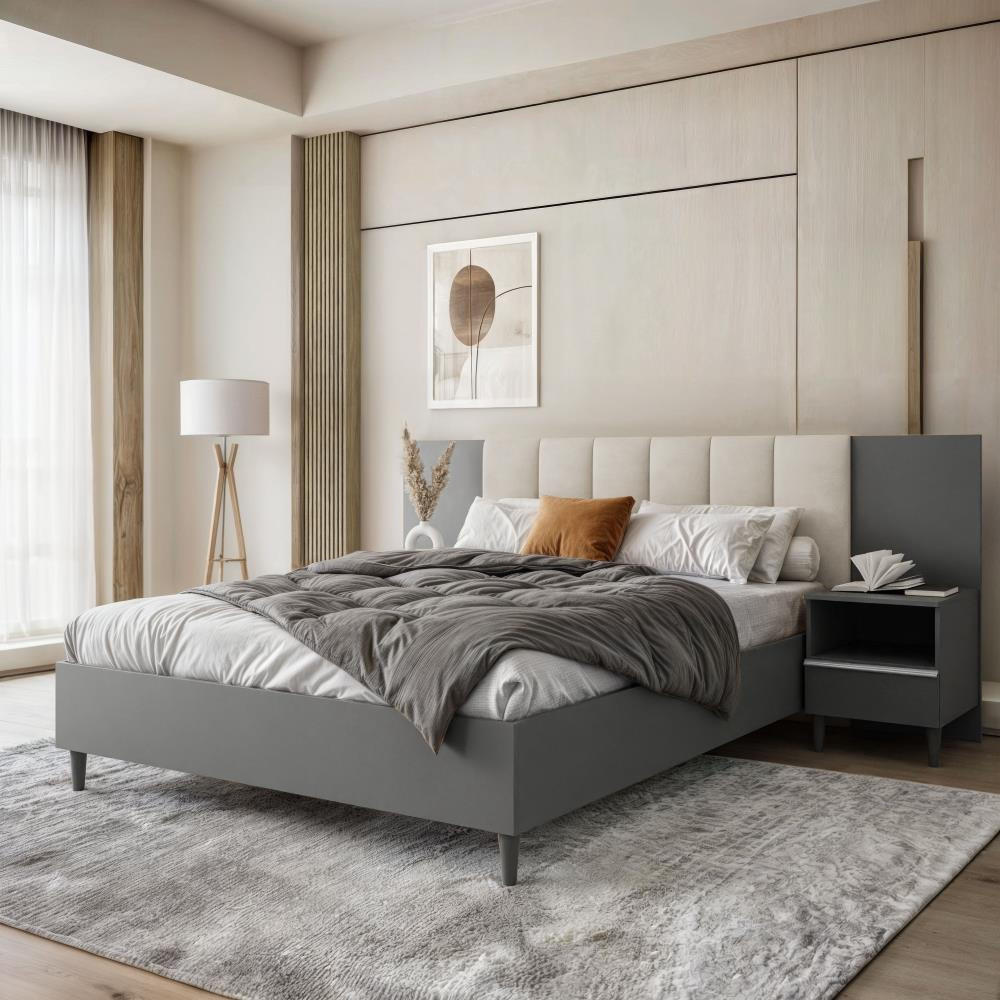 POLSTERBETT Lectus 166/211/108 mit 2 Nachttischen beige - Beige/Graphitfarben, Holzwerkstoff/Textil (160/200cm) - Beautysofa