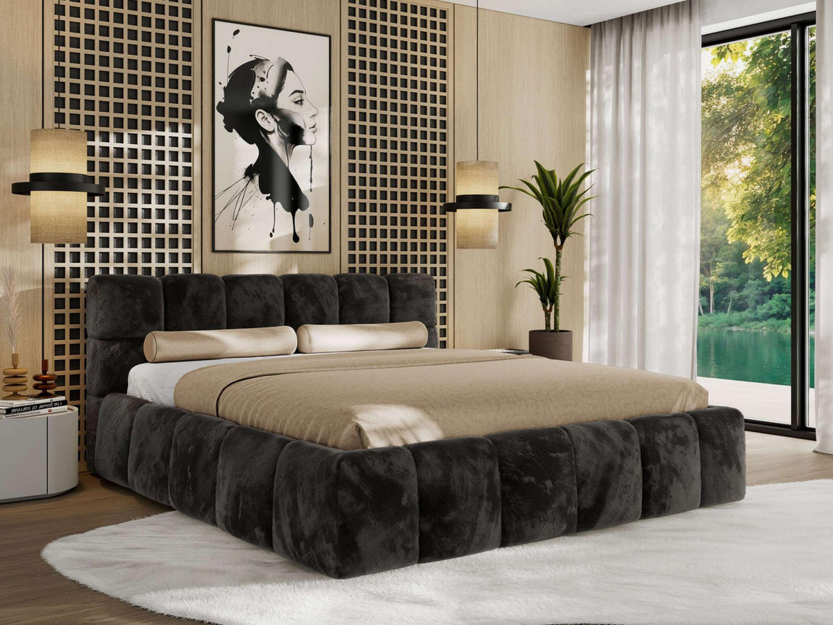 POLSTERBETT NIRA CLASSIC 180/200 - Dunkelgrau Plüsch - Schaum-Matratze - Dunkelgrau, Textil (180/200cm) - MKS