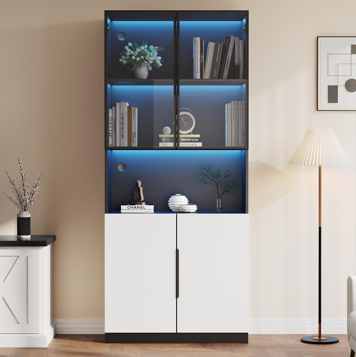 VITRINE aus Spanplatte 80x30x200 cm Weiß/Schwarz mit LED-Beleuchtung und Glastüren - Weiß, Holzwerkstoff (80/200/30cm) - IVMEU