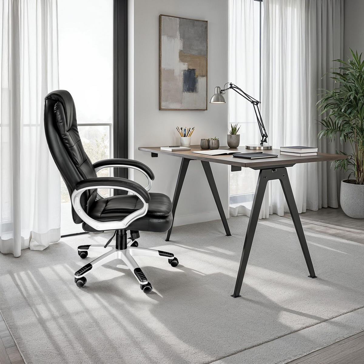 BÜROSTUHL Zulu,einstellbare Wippfunktion,schwarz - Schwarz, Leder (53/55/53cm) - tectake