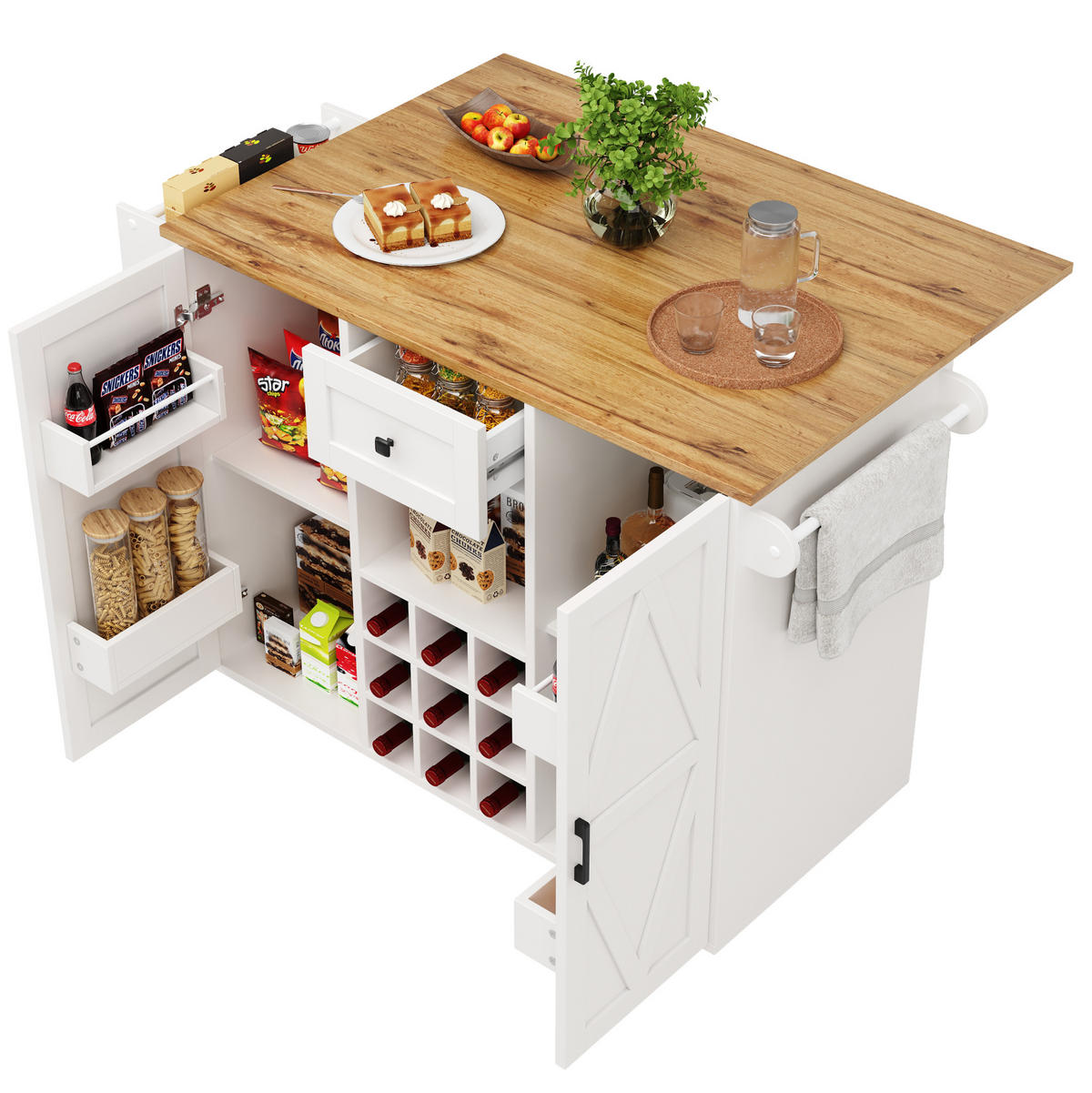 KÜCHENINSEL 137,5/40/95,6 cm weiß mit Klapptisch mit Snackregalen - Weiß, Holzwerkstoff (137.5/95.6/65cm) - OKWISH