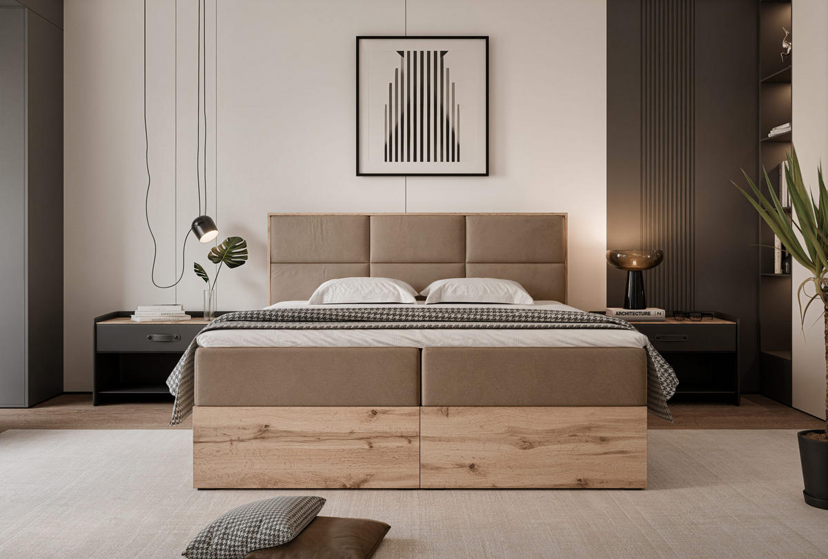 BOXBETT LAVIO 160/200 cm, in Hellbraun, mit Matratze und Topper - Hellbraun, Holzwerkstoff/Textil (160/200cm) - Idohome