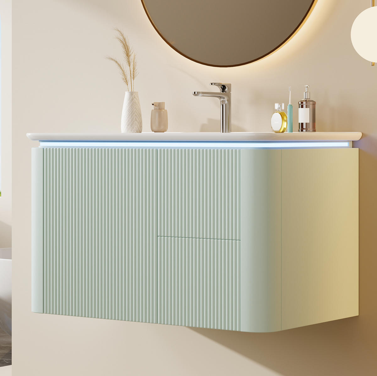 WASCHTISCHKOMBI 80,5/47,5/51 cm in Grün mit LED-Beleuchtung und 4 Schubladen - Grün, Holzwerkstoff (80.5/51/47.5cm) - Flora Grace