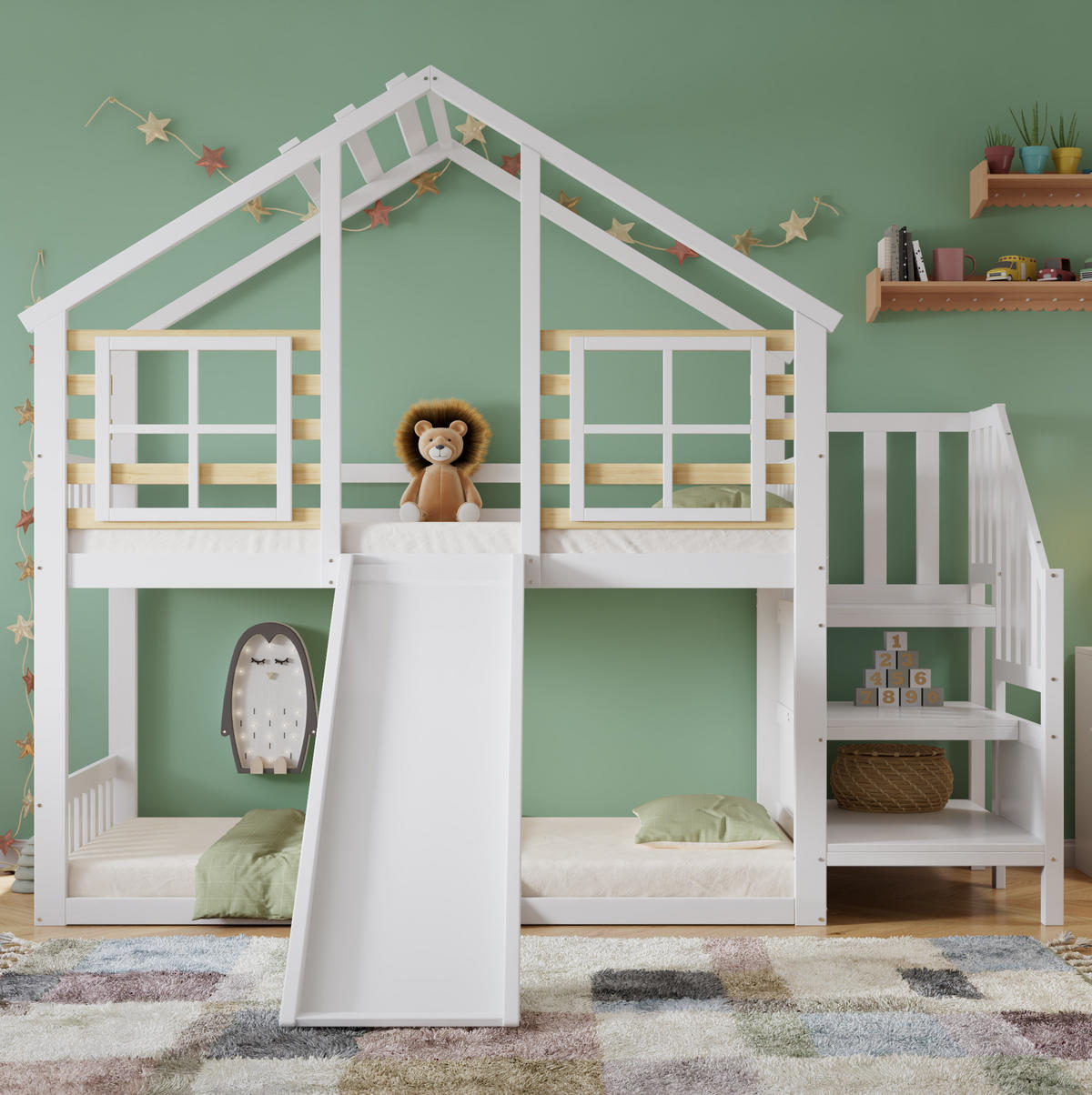 ETAGENBETT mit Treppe, Gitter, Rutsche und Fenster 90/200 cm, Weiß/Natur - Weiß, Holz (90/200cm) - MIVRAY