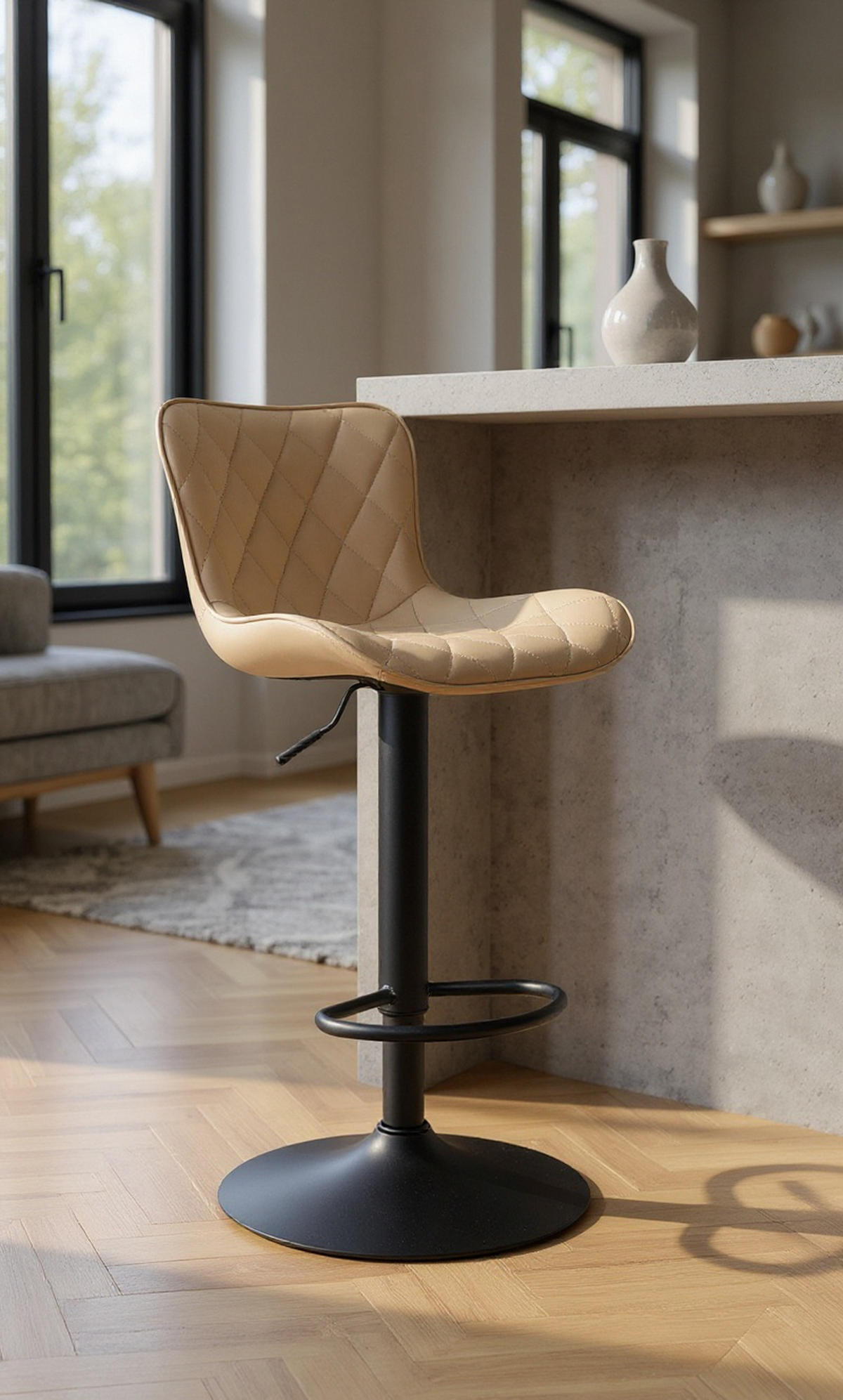 BARHOCKER Emil Kunstleder creme - Schwarz/Naturfarben, Kunststoff/Metall (48/107/54cm) - TPFLiving
