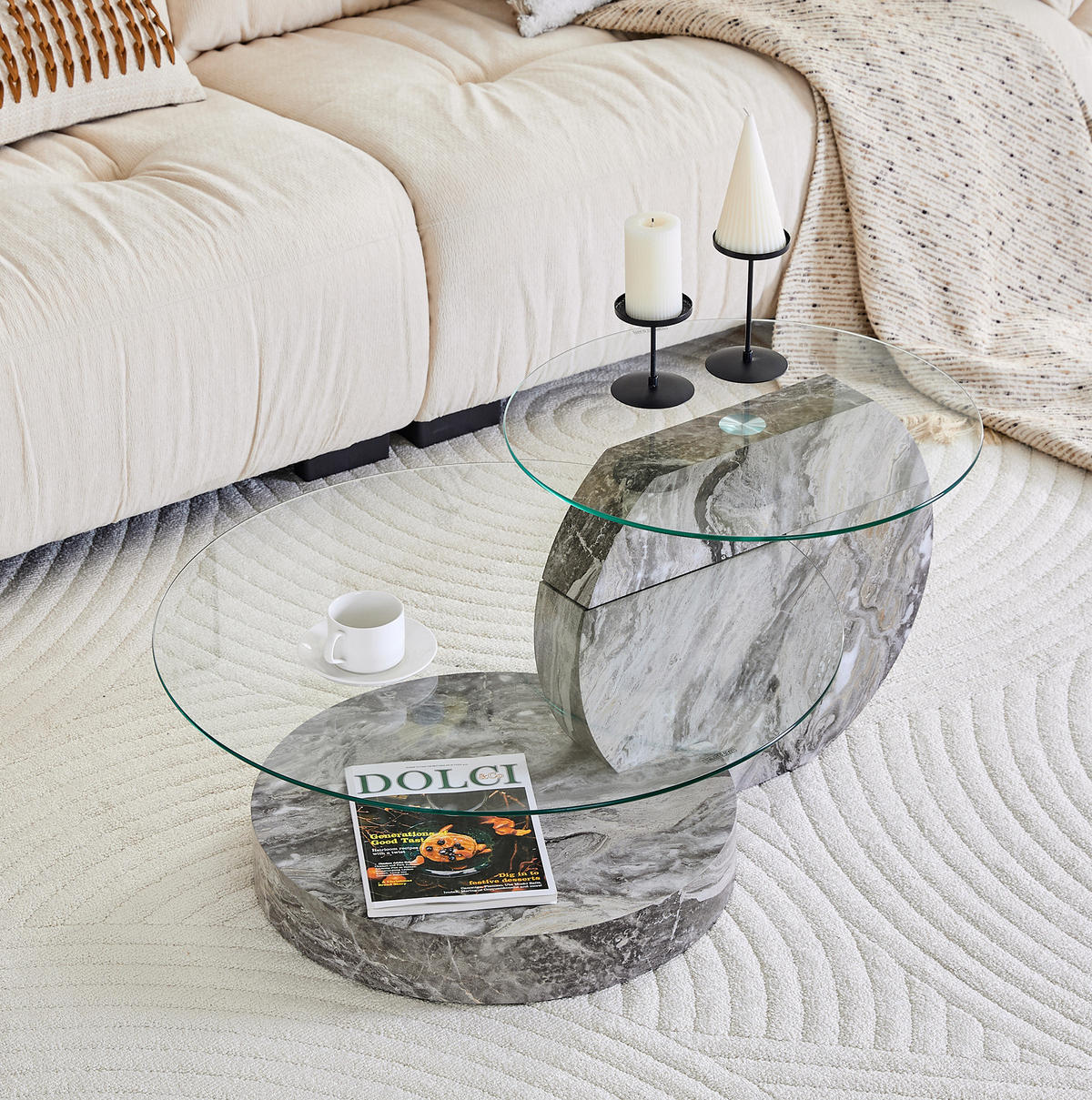 COUCHTISCH 90/70/44 cm mit 2 Ebenen und Sicherheitsglas, runder Wohnzimmertisch in Marmoroptik, Grau/Transparent - Transparent, Holzwerkstoff (90/70/44cm) - Redom