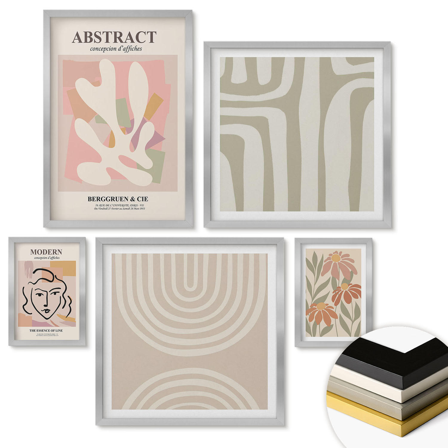 WANDBILDER 5er Set - 50x50 cm & 20x30 cm & 40x60 cm Silberner Rahmen - Abstrakte Pflanzenformen - Silberfarben, Kunststoff (40/60cm) - ArtPrintCave