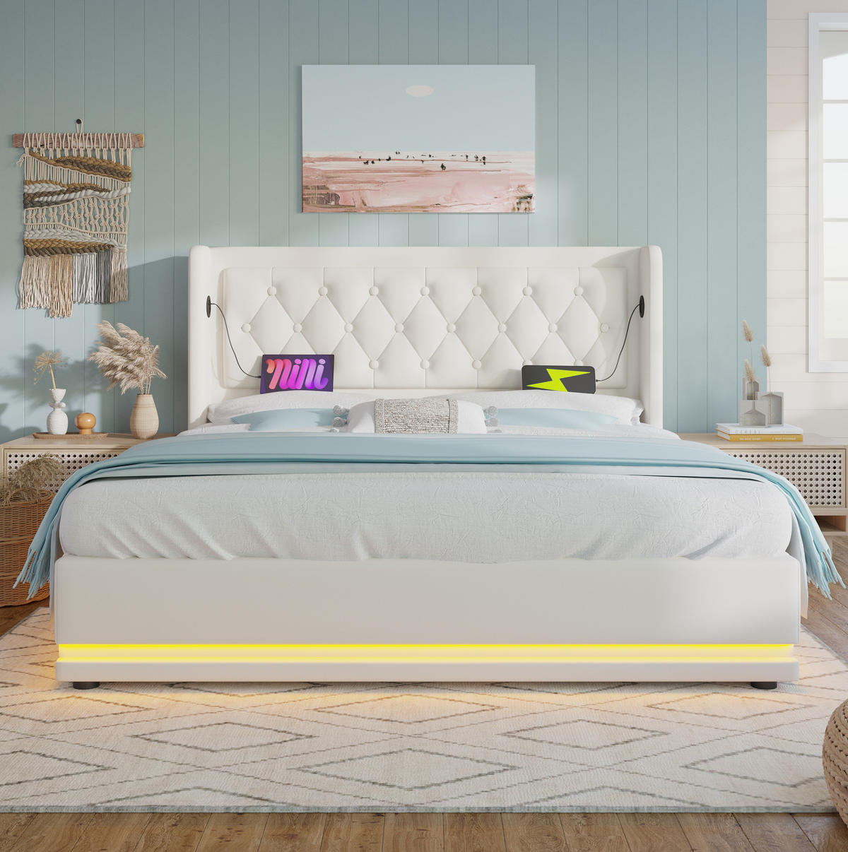 POLSTERBETT aus PU 180x200 cm Weiß mit Bettkasten, LED-Beleuchtung und USB-C-Anschluss - Weiß, Leder (180/200cm) - IVMEU