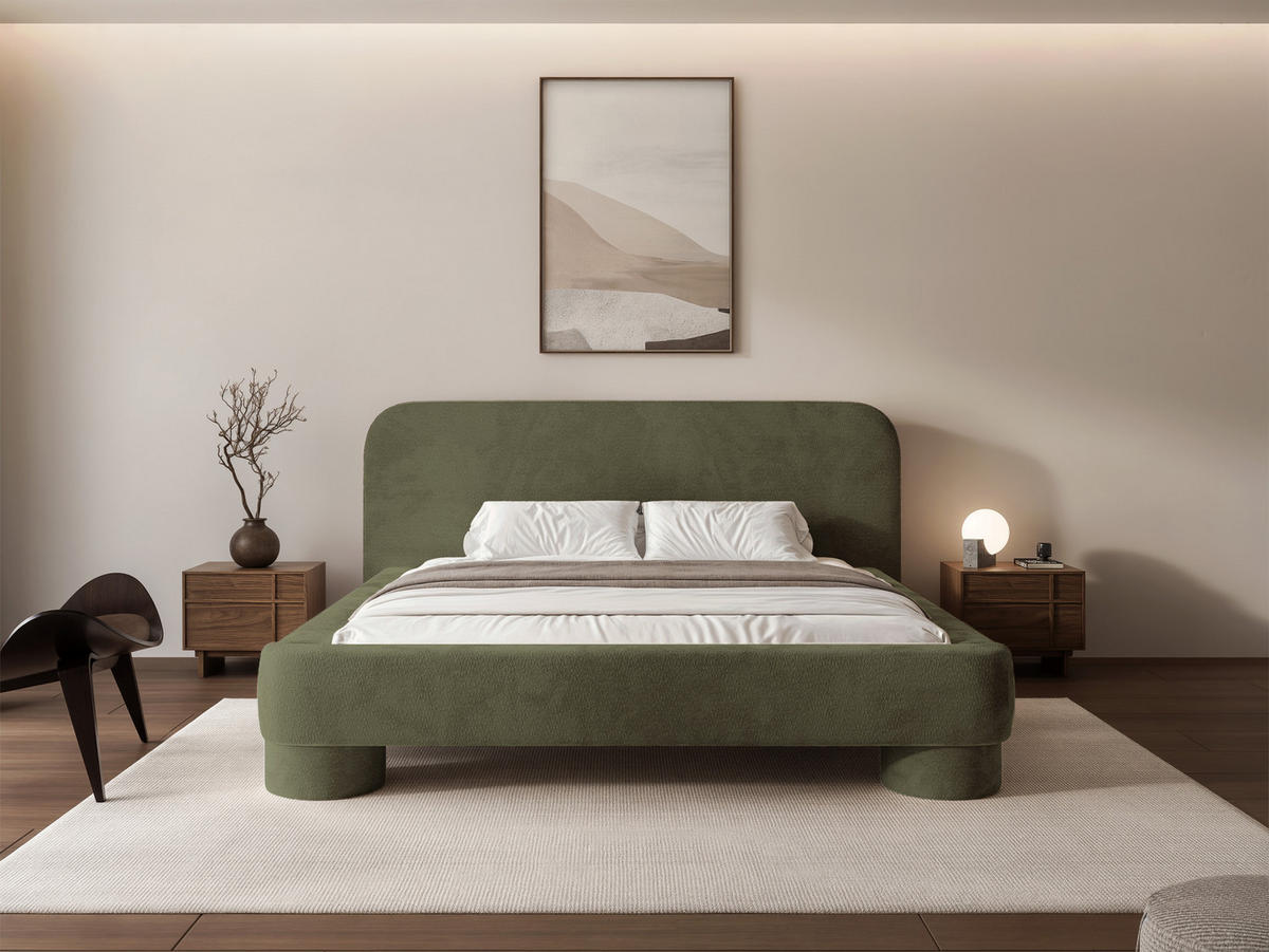 POLSTERBETT Frederico 140x200 cm Moosgrün Chenille – (Doppelbett mit Bettkasten, Lattenrost, rundes Kopfteil) - Waldgrün, Holz/Holzwerkstoff (140/200cm) - Ravio