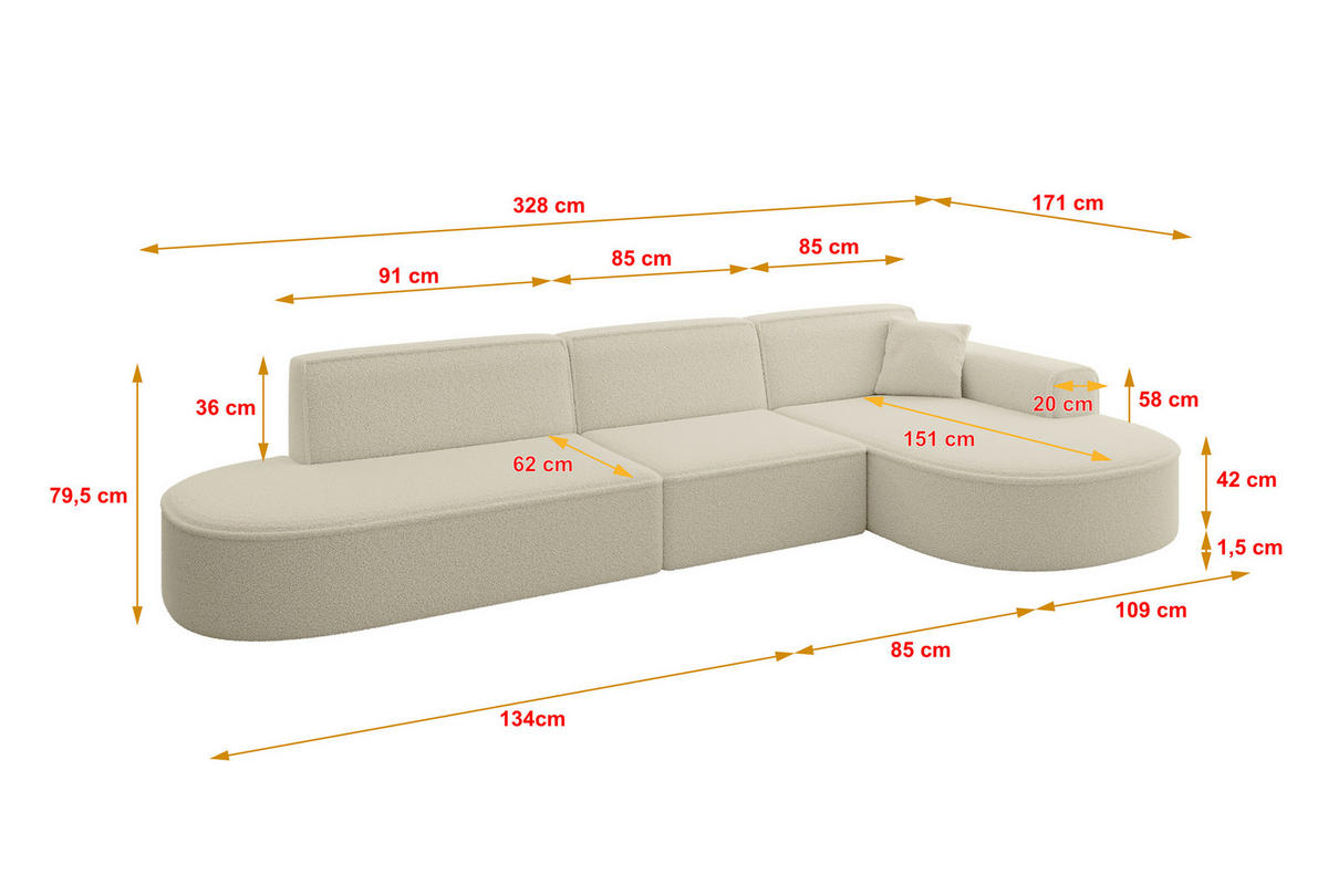 ECKSOFA Ottomane Rechts MARI-L2 - 328x171x79 cm Beige Bouclé - Beige/Schwarz, Holzwerkstoff/Kunststoff (171/328cm) - ALTDECOR