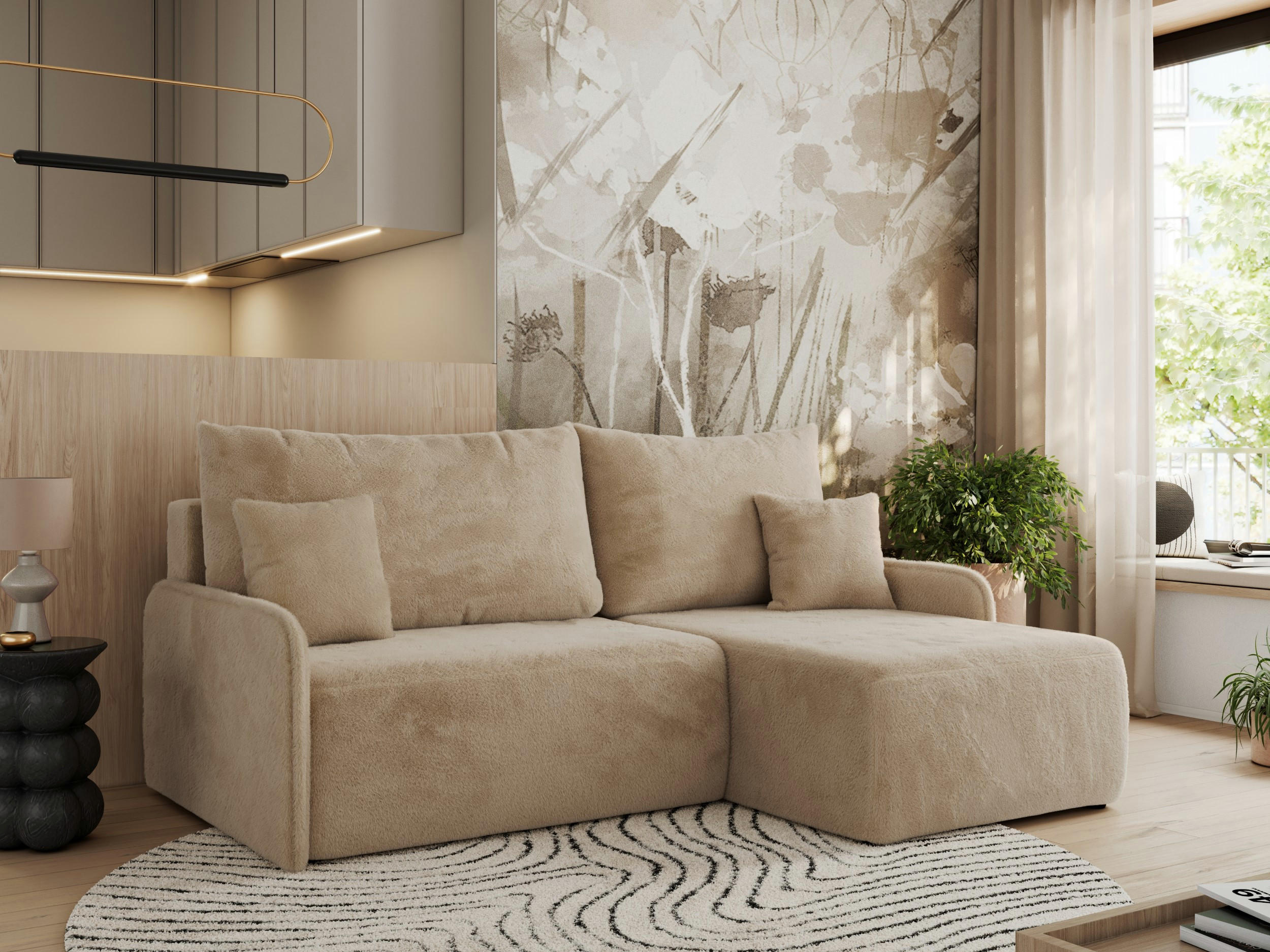 ECKSCHLAFSOFA ARPA L Beige Plüsch - rechts - Beige/Schwarz, Kunststoff/Textil (150/198cm) - MKS