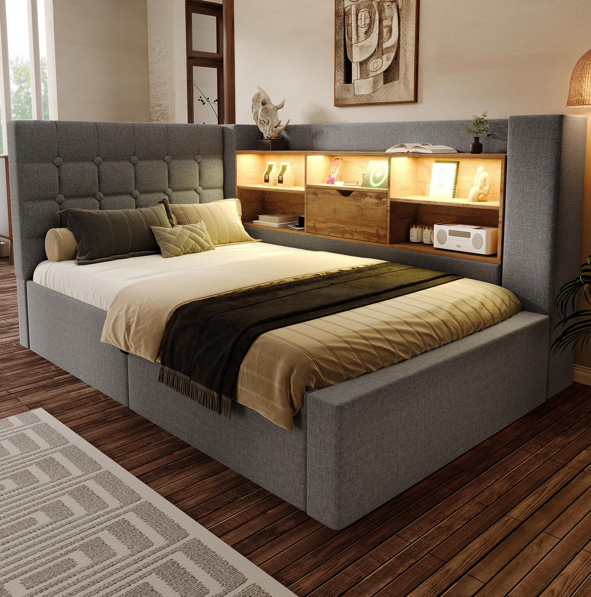 ČALOUNĚNÁ postel 90/190 cm šedá, s LED osvětlením, úložným prostorem a USB nabíjením - šedá, textil (90/190cm) - BEAOK
