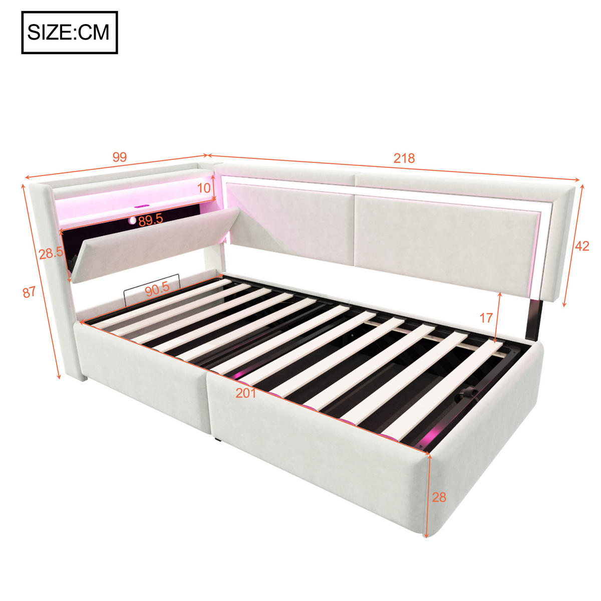 POLSTERBETT Schlafsofa 90/200 cm mit LED-Beleuchtung, USB-Anschluss, Bettkasten und Samtbezug, Beige - Beige, Textil (90/200cm) - Redom