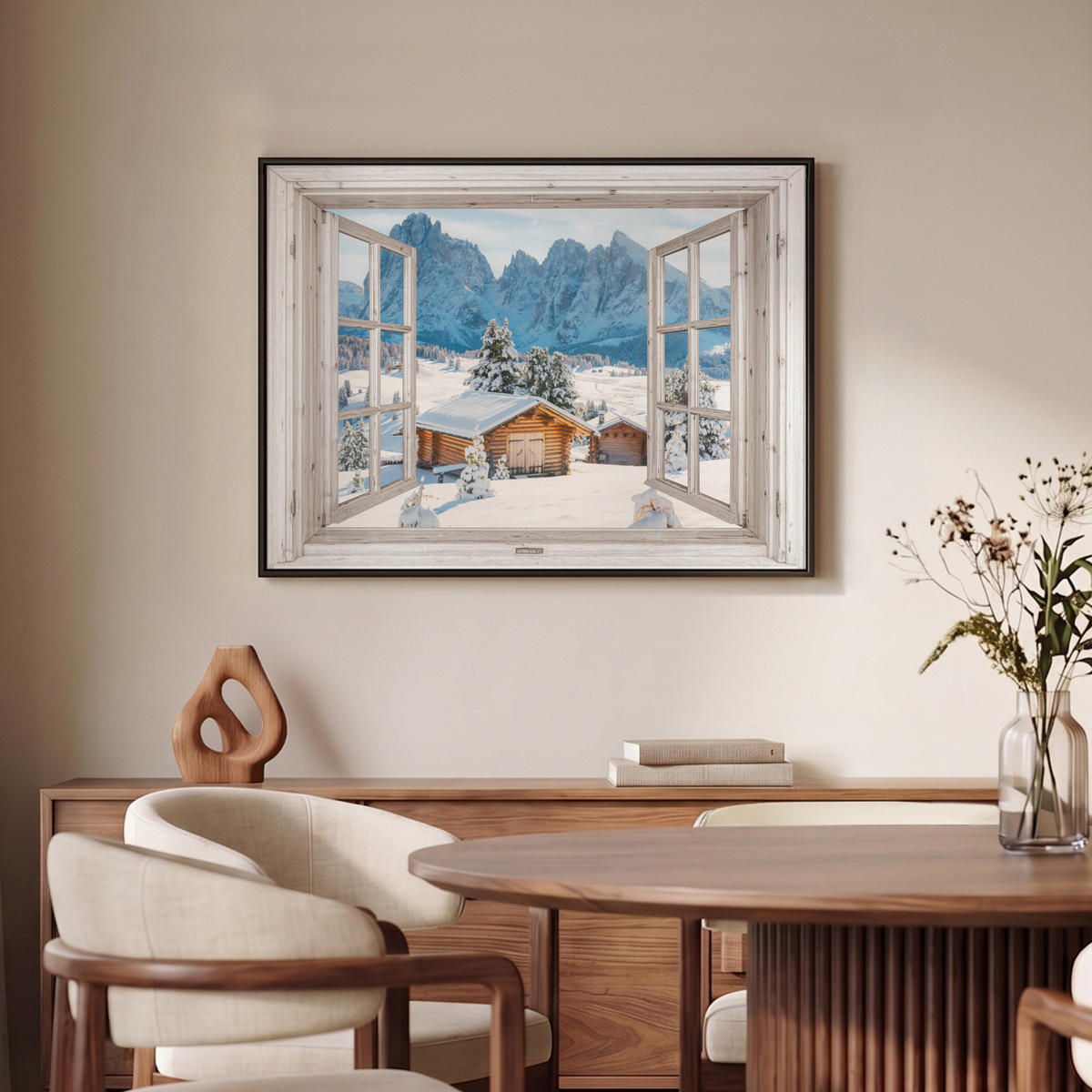 LEINWAND Bilder mit Rahmen - Winterlandschaft - Hütte - Berge - Ausblicke - Aussicht - Natur - 70x50 - Weiß Hochglanz, Textil (70/50cm) - MuchoWow