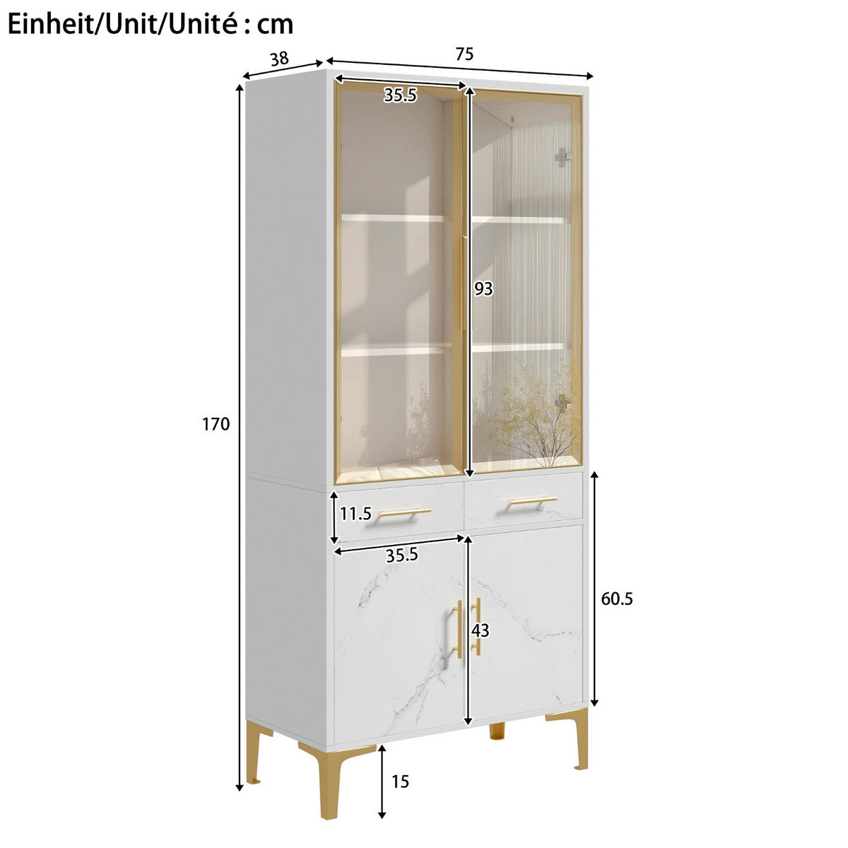 KÜCHENSCHRANK75/170/38 cm, Weiß Hochglanz, Marmoroptik, MIT LED BELEUCHTUNG, für Wohnzimmer und Esszimmer - Weiß, Holzwerkstoff (38/170/75cm) - Rolipo