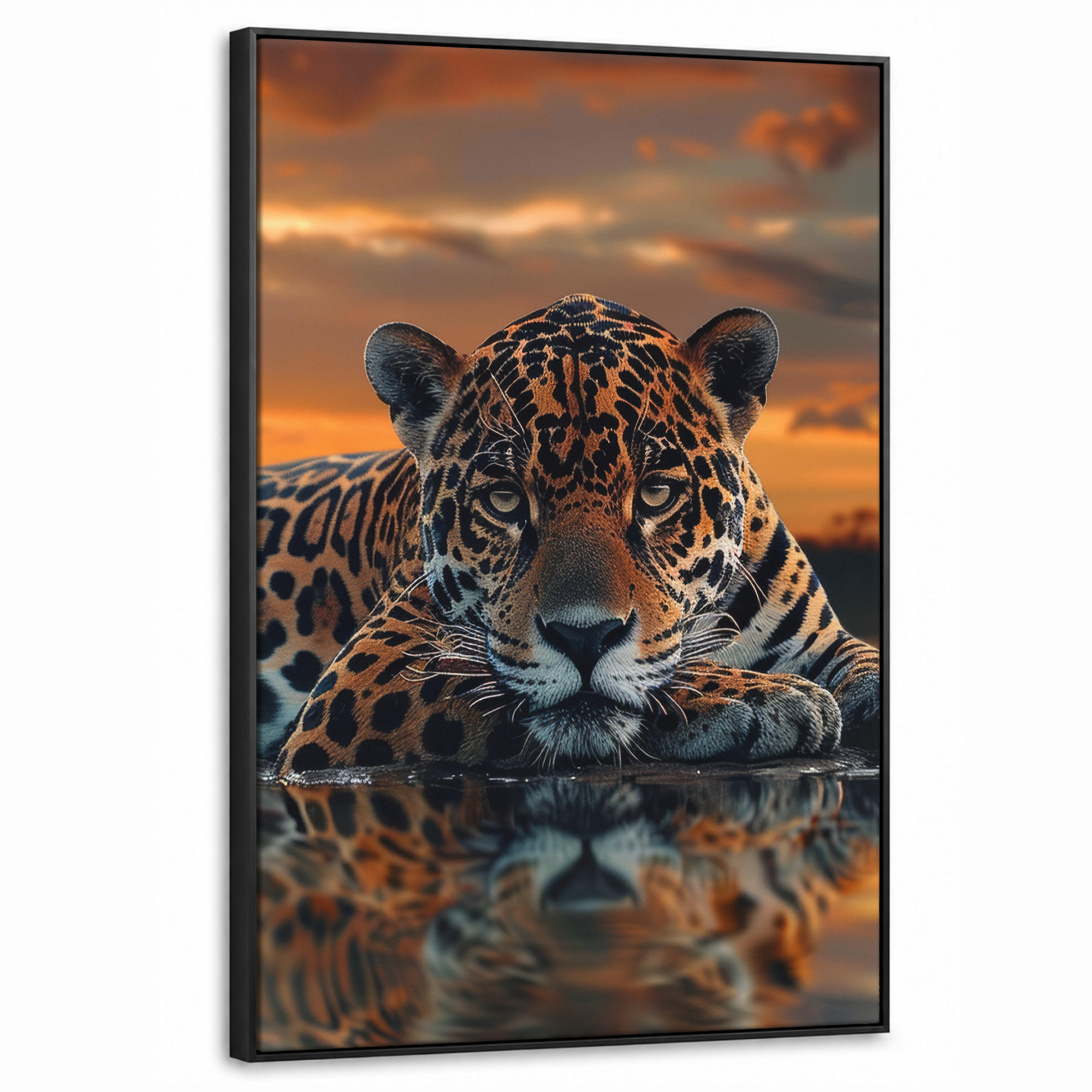 LEINWAND Bilder mit Rahmen - Natur - Leopard - Tier - Sonnenuntergang - Modern - 60x90 - Orange, Textil (60/90cm) - MuchoWow