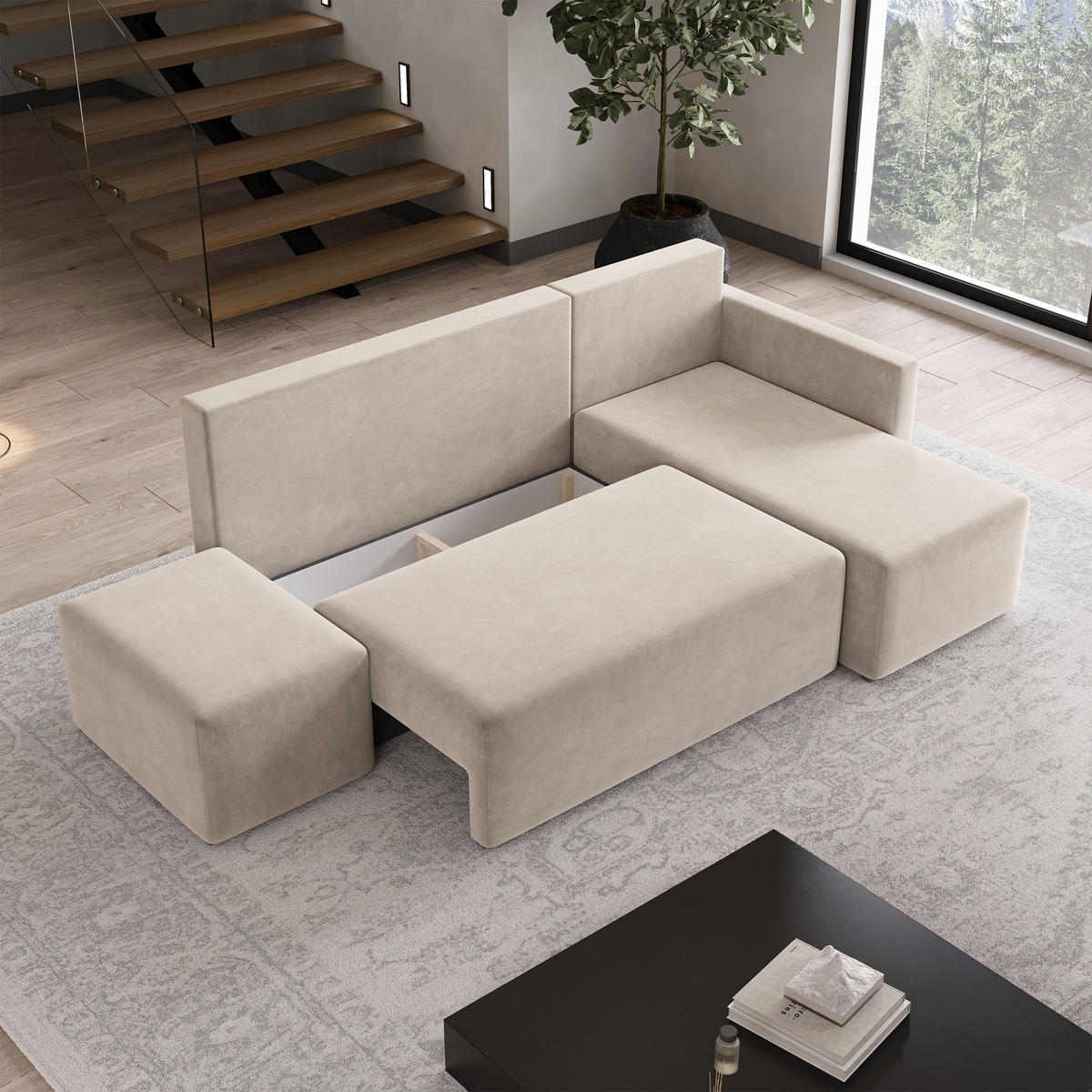 ECKSOFA VELOTTI R-S Beige Plüsch-Stoff mit Schlaffunktion - Beige, Holz (261/143cm) - MASSENO