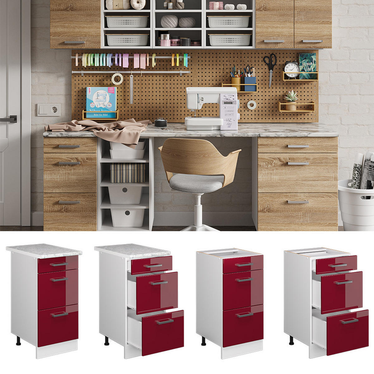 UNTERSCHRANK R-Line Bordeaux Hochglanz 40 cm mit Schubladen, ohne AP - Bordeaux/Weiß, Holzwerkstoff (40/81.6/46cm) - Vicco