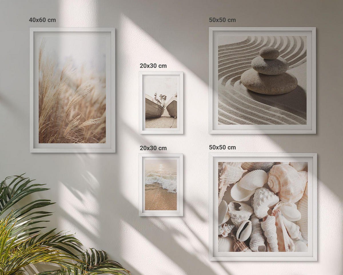 WANDBILDER 5er-Set - 50x50 cm & 20x30 cm & 40x60 cm Weißer Rahmen - Wolkenmeer, Traumfänger, Gras - Weiß, Kunststoff (40/60cm) - ArtPrintCave