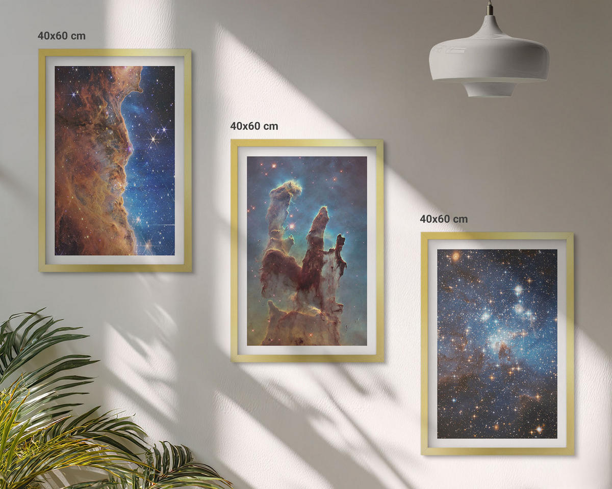 BILDER SET 3er Set - 40x60 cm Goldrahmen - Weltraumlandschaften von Galaxien - Goldfarben, Kunststoff (40/60cm) - TULUP