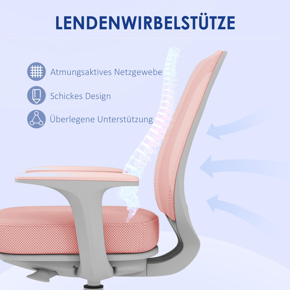 BÜROSTUHL, Ergonomisch Schreibtischstuhl mit Drehfunktion, Höhenverstellbar - Rosa/Weiß, Kunststoff/Textil (48/94.5/55cm) - Vinsetto