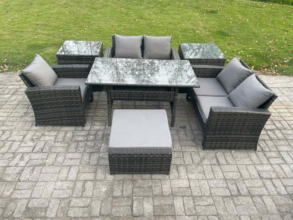 GARTENMÖBELSET mit 2-Sitzer Sofa,2 Hockern,Esstisch,2 Beistelltischen Polyrattan Dunkelgrau 6-Sitzer - Dunkelgrau/Grau, Glas/Kunststoff - Fimous