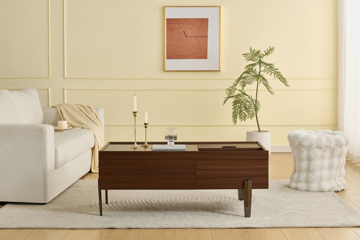 COUCHTISCH mit Schubladen & Glasplatte, MDF dunkelbraun, silbergraue Metallbeine, 105/50/41,5 cm, Dunkelbraun und dunkles Marmormuster - Dunkelbraun, Holzwerkstoff (105/50/41.5cm) - Redom
