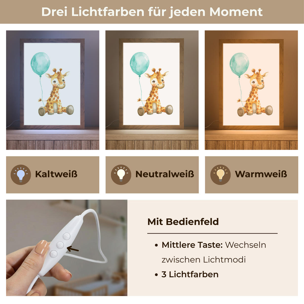 NACHTTISCHLAMPE Giraffe - Baby - Tiere - Blauer Ballon 20x30 cm - Weiß, Holzwerkstoff (8/20/30cm)