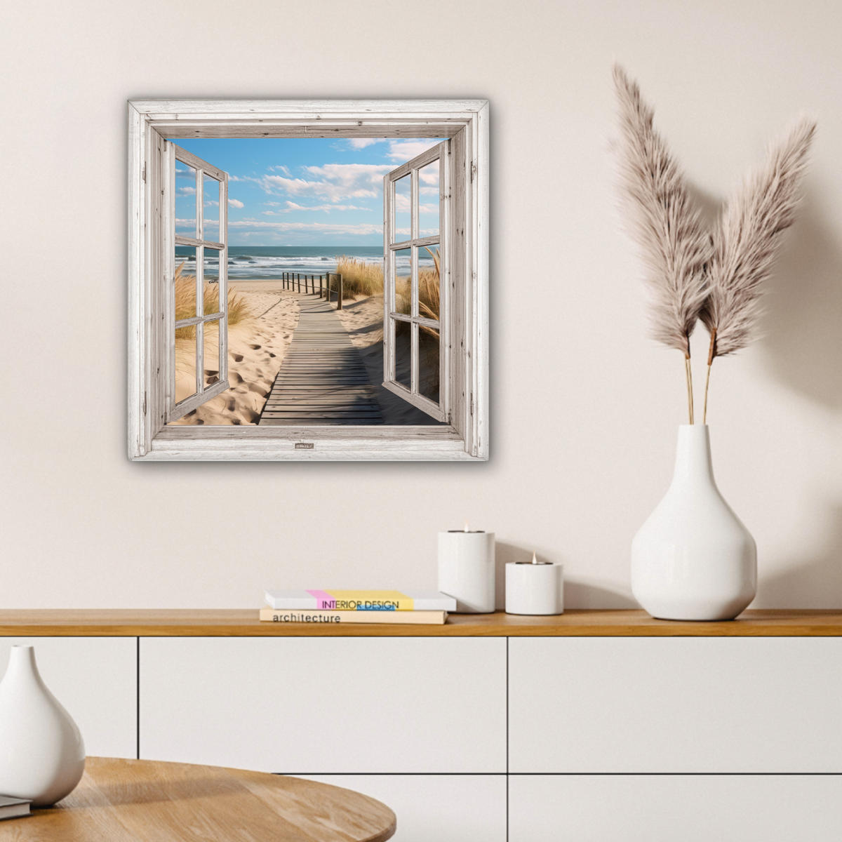LEINWANDBILD Fenster - Meer - Küste - Natur - Ausblick - Strand - Wattenmeer 50x50 cm - Beige, Textil (50/50cm) - MuchoWow