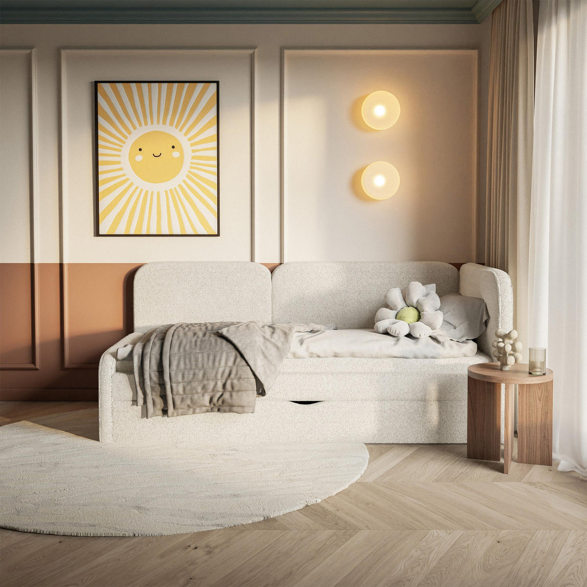 ČALOUNĚNÁ postel Cuddy, čelo vpravo, plyšová látka světle béžová, 90x200 cm - černá/ecru, textil/plast (90/200cm) - Selsey