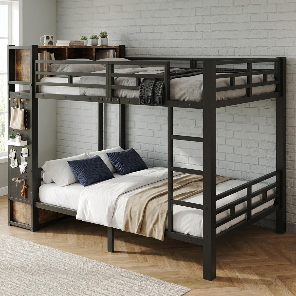 ETAGENBETT aus Metall und Holz 120x200 cm Schwarz/Dunkelbraun mit Stauraum, Kleiderstange, Schublade und Lochwand - Schwarz, Metall (120/200cm) - Modfu