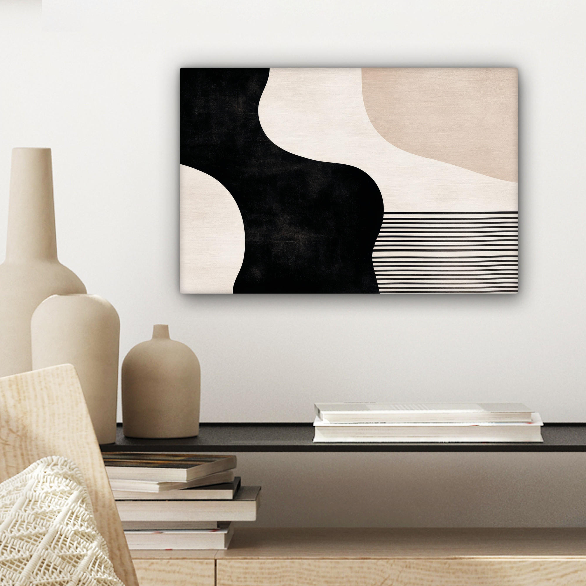 LEINWANDBILD Abstrakt - Japandi - Beige - Modern 30x20 cm - Schwarz, Textil (30/20cm) - MuchoWow