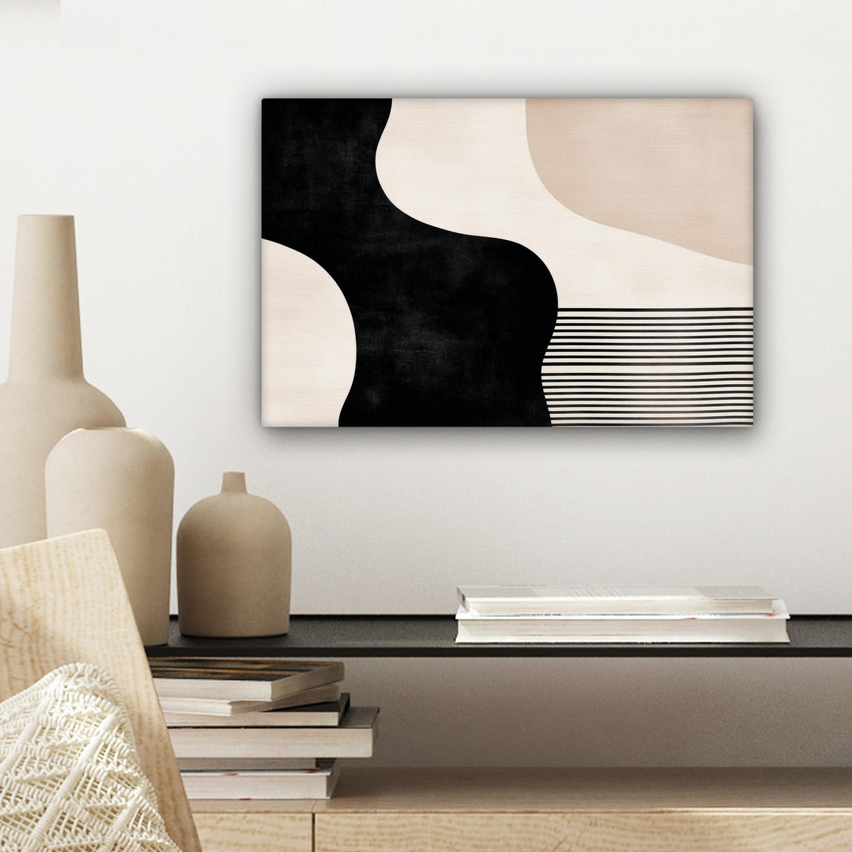 LEINWANDBILD Abstrakt - Japandi - Beige - Modern 30x20 cm - Schwarz, Textil (30/20cm) - MuchoWow