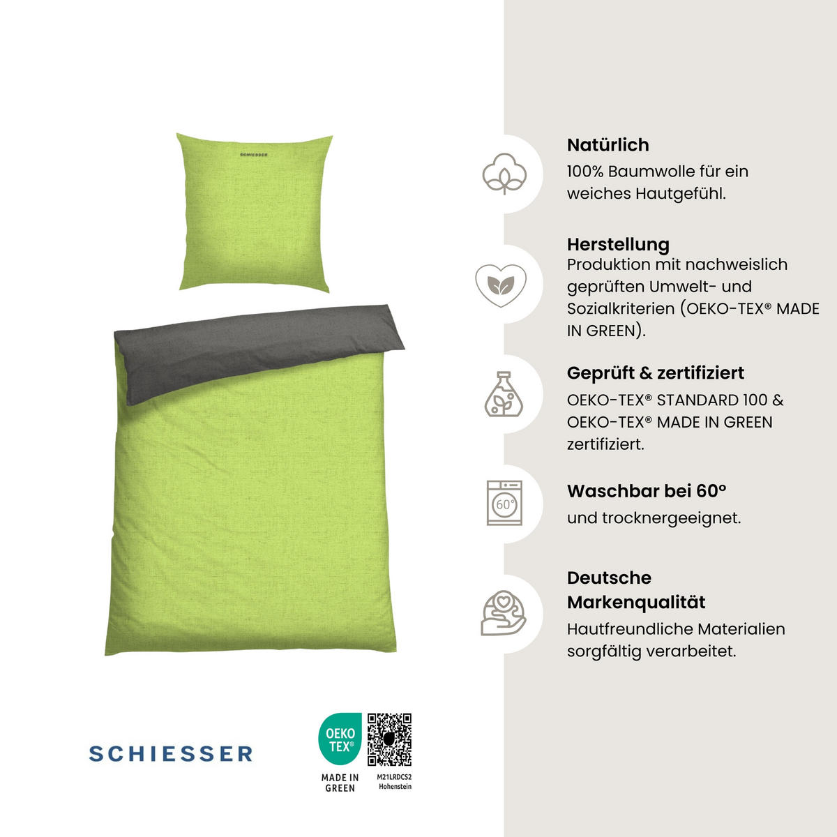 BETTWÄSCHESET Doubleface - Renforcé - 2-teilig - 155 x 220 cm - Grün-Dunkelgrau - Dunkelgrau/Grün, Textil (155/220cm) - SCHIESSER