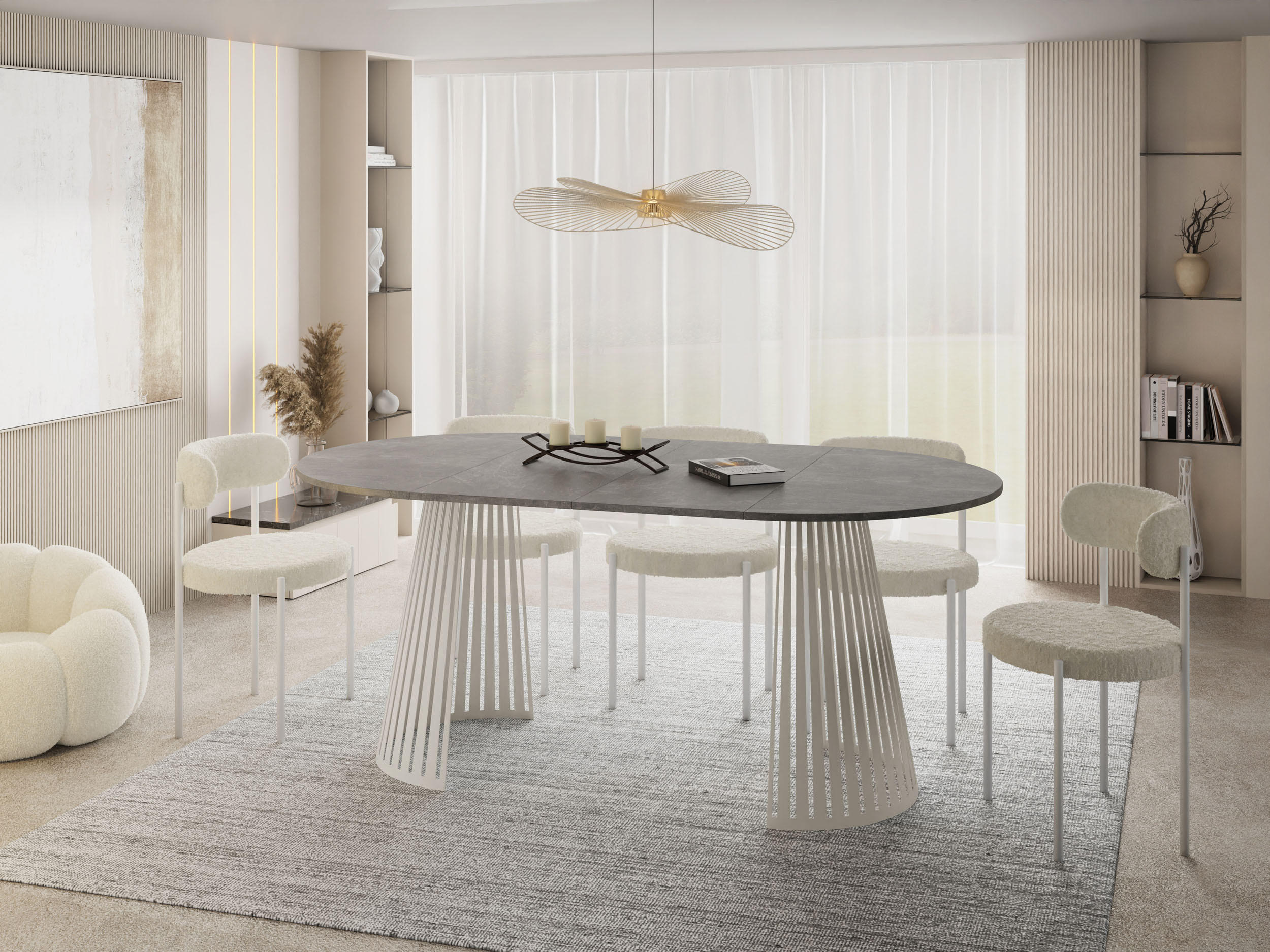ESSTISCH Naro rund ausziehbar mit Lamellen-Metallgestell in Beige Kaschmir, Grauer Beton 100-180/100/76 cm - Kaschmir/Hellgrau, Holzwerkstoff/Metall (100/100/76cm) - WFL GROUP