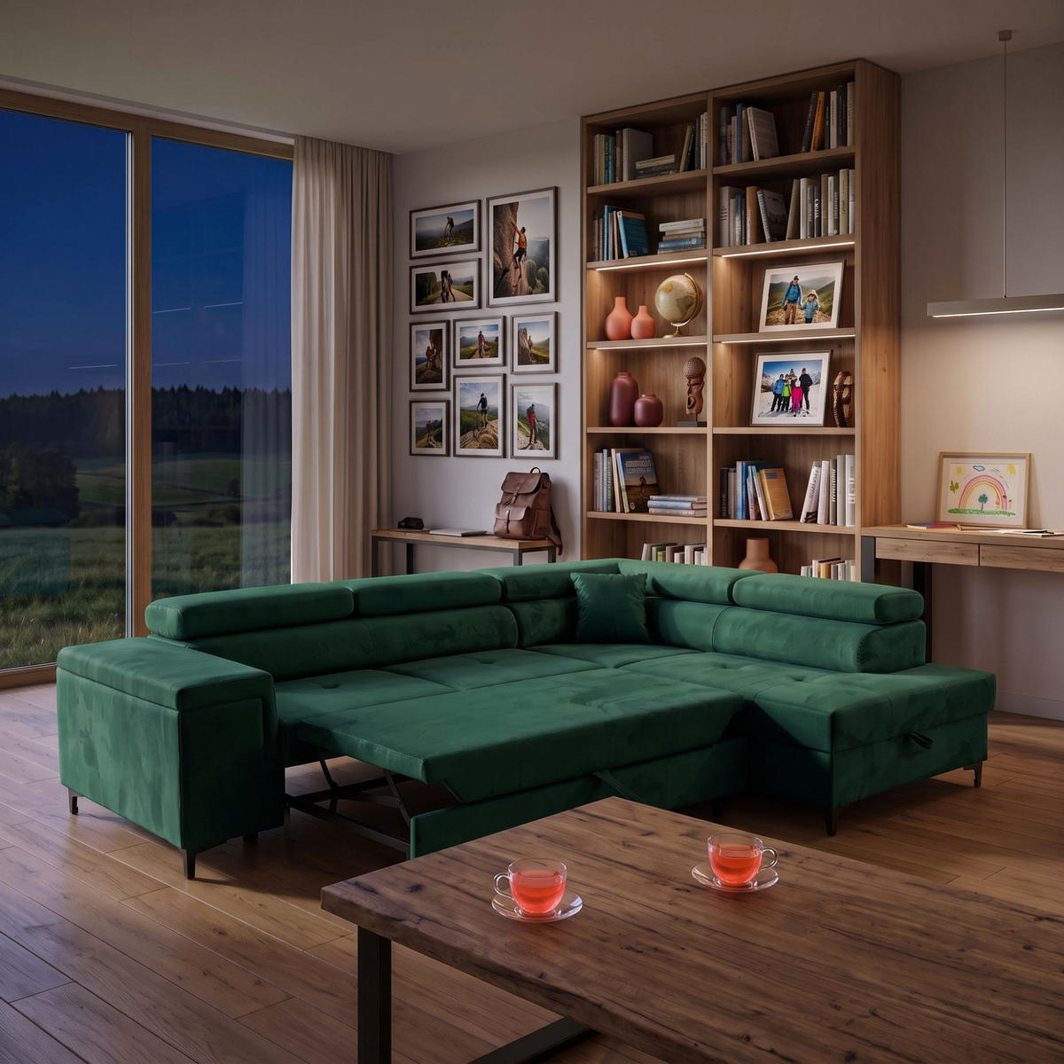 ECKSOFA WILLIAM L Rechts mit Schlaffunktion 127x195 Velours Grün - Silberfarben/Grün, Holz/Textil (203/275cm) - Muffo