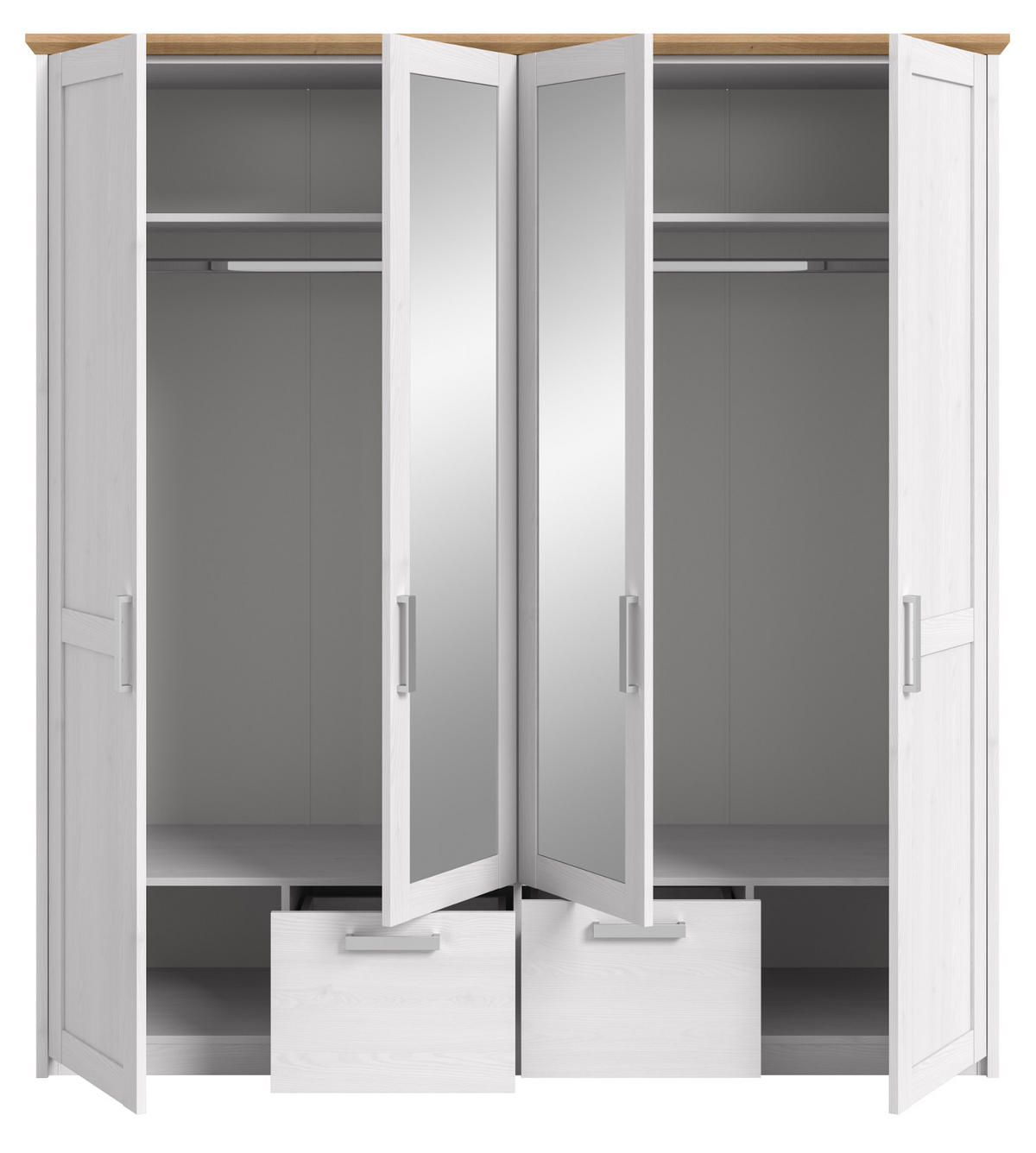 KLEIDERSCHRANK weiß Lärche, Eiche Artisan Landhaus, Drehtürenschrank 4-türig mit Spiegel - Eichefarben/Silberfarben, Glas/Holzwerkstoff (188/200/61cm) - Inn.Furn
