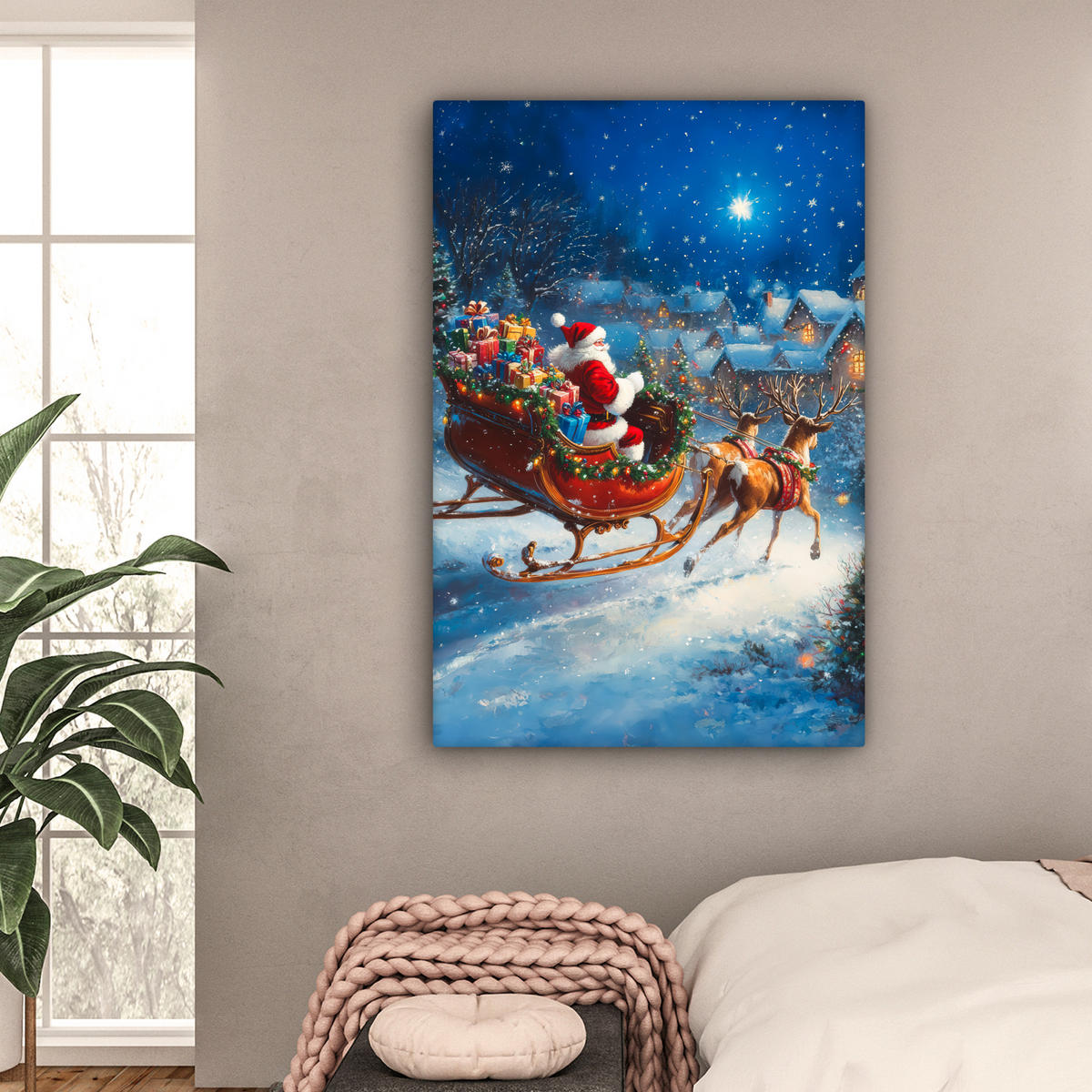 LEINWANDBILD Weihnachtsmann - Rentier - Weihnachten - Schnee Deko Groß 90x140 cm - Cognac, Textil (90/140cm) - MuchoWow