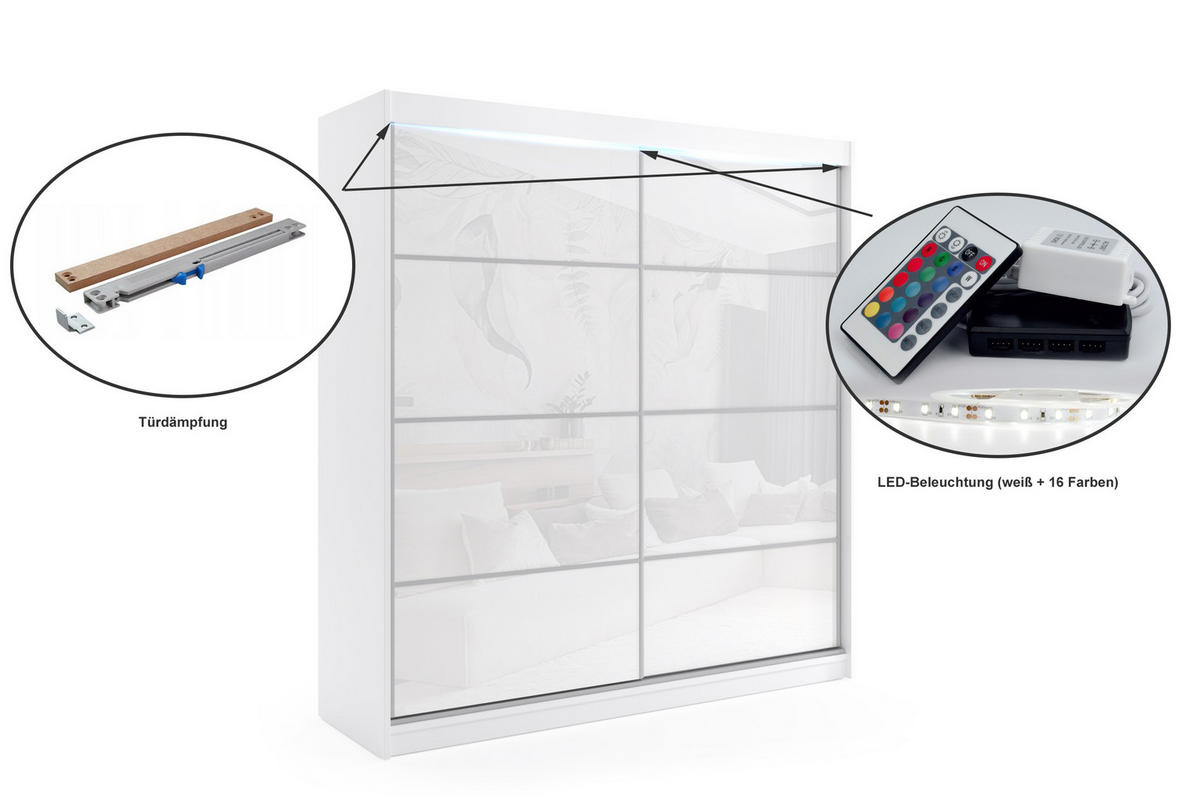 KLEIDERSCHRANK mit Lacobel-Schiebetüren und Aluminium-Leisten, LED-Beleuchtung - VIVONA - 200 cm Weiß - Weiß, Holzwerkstoff (200/216/61cm) - ALTDECOR