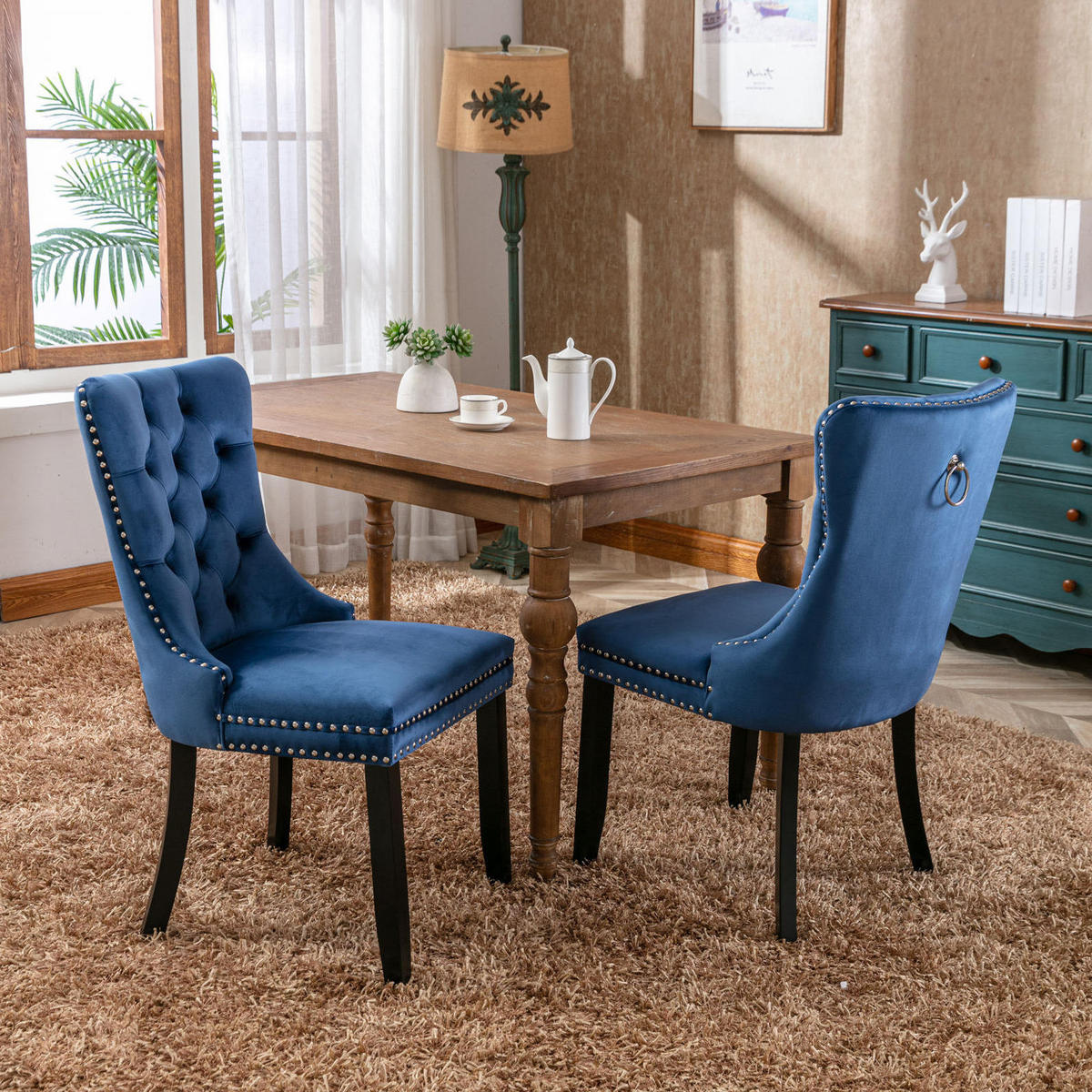 ESSZIMMERSTUHL Samt Blau mit hoher Rückenlehne Massivholz 2er-Set - Blau, Metall (50/95/65cm) - Meubliv
