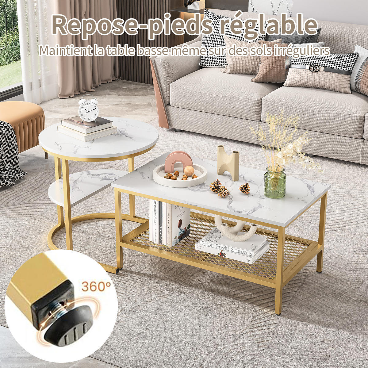 COUCHTISCH 2er Set rund schiebbar Beistelltisch Metall gold - Goldfarben, Holz (46/80/41cm) - LEBENLANG