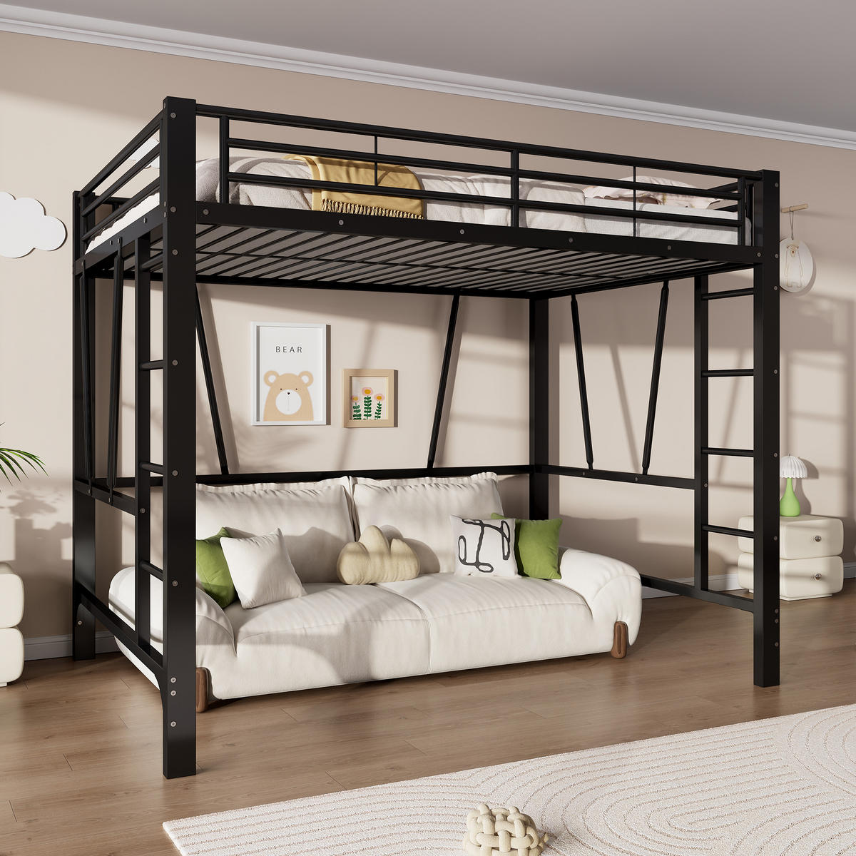 HOCHBETT 140/200 cm in Schwarz mit Doppelleiter, Schutzgeländern und offenem Raum unter dem Bett aus Metall - Schwarz, Metall (140/200cm) - STILVORA